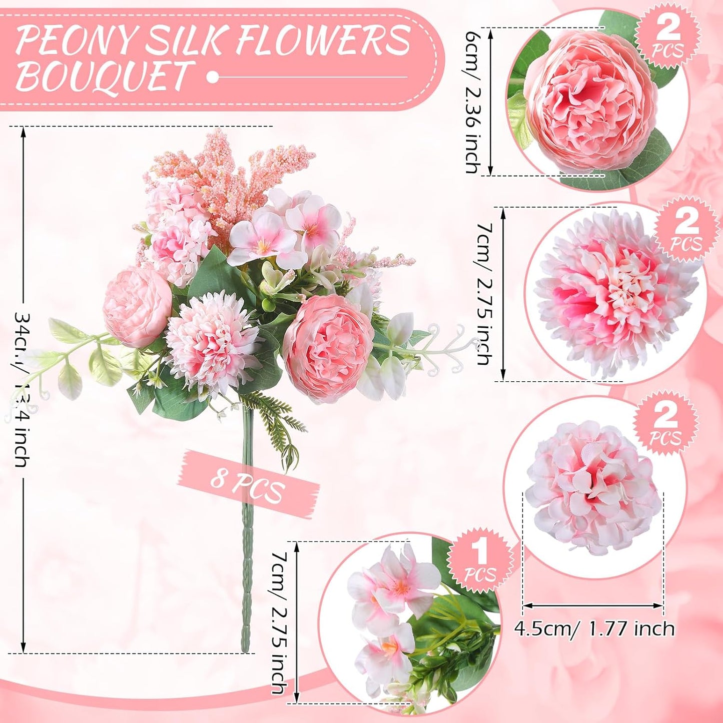 Zeyune 8 Pcs Wedding Silk Flowers Fake Silk Flowers Faux Bouquet Hydrangea Bouquets for Wedding Birthday Party Table Centerpieces Home Decoration(Pink,Peony)