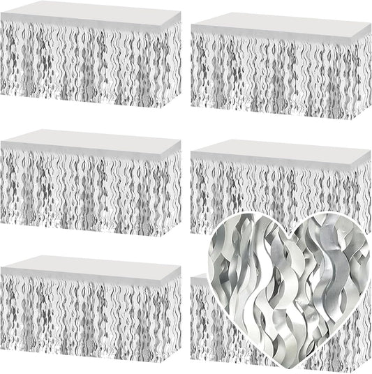 6 Pack 29x108 Inch Silver Wave Foil Fringe Table Skirts Metallic Banner for Tinsel Streamer Garland Backdrop for Parade Floats Wedding, Mother's Day, Birthday Mardi Gras Party Decorations