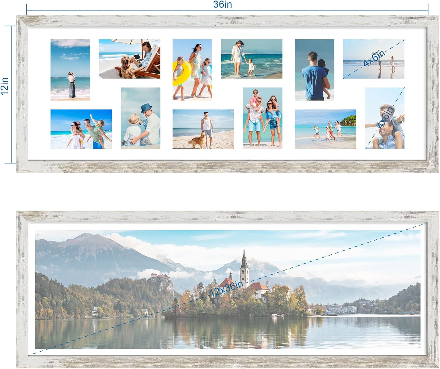 12x36 Picture Frame 2 Packs, Real Glass and Distressed White Wood Frame, Display Collage Pictures Twelve 4x6 With Mat or Pennant 12 x 36 Without Mat - Horizontal or Vertical Wall Mounting