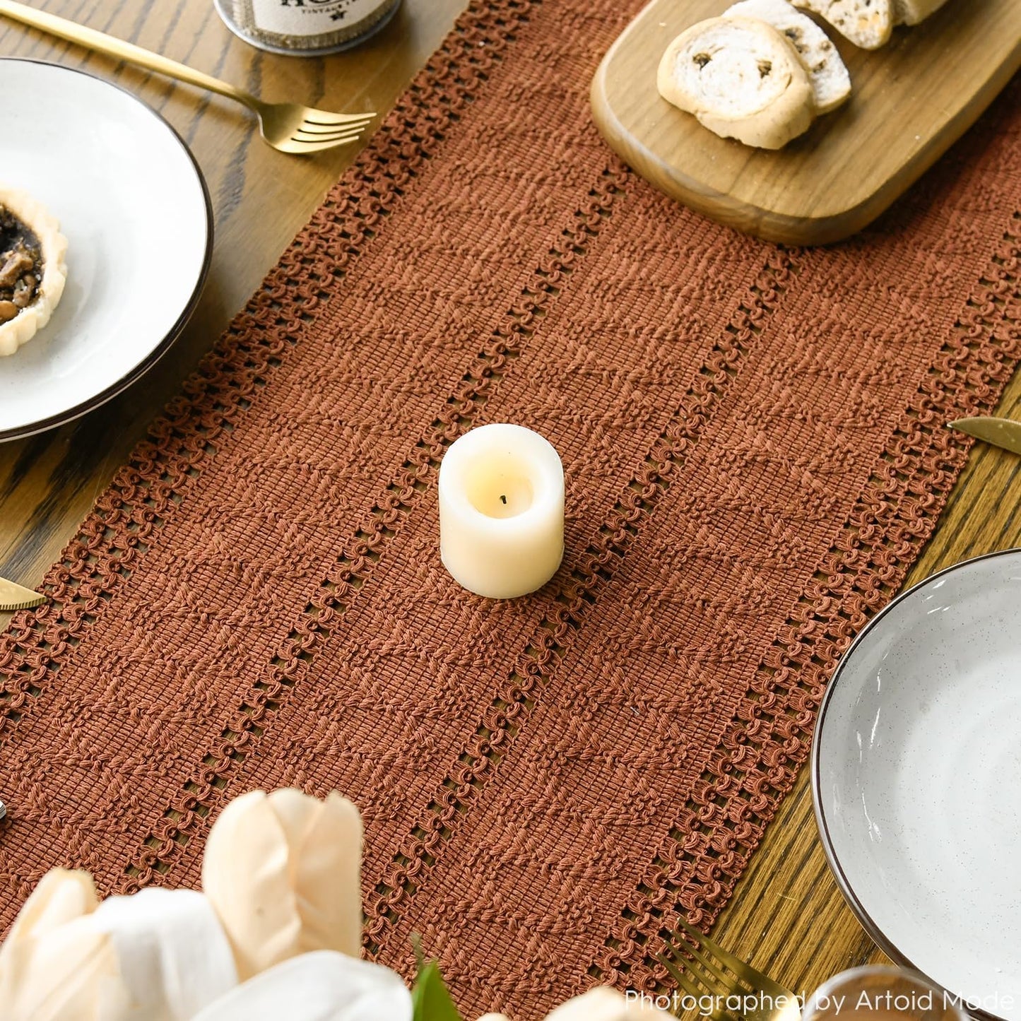 Artoid Mode Caramel Farmhouse Woven Rustic Hollow Table Runner, Seasonal Holiday Hollow Kitchen Dining Table Decoration for Home Party Decor 12x72 Inch