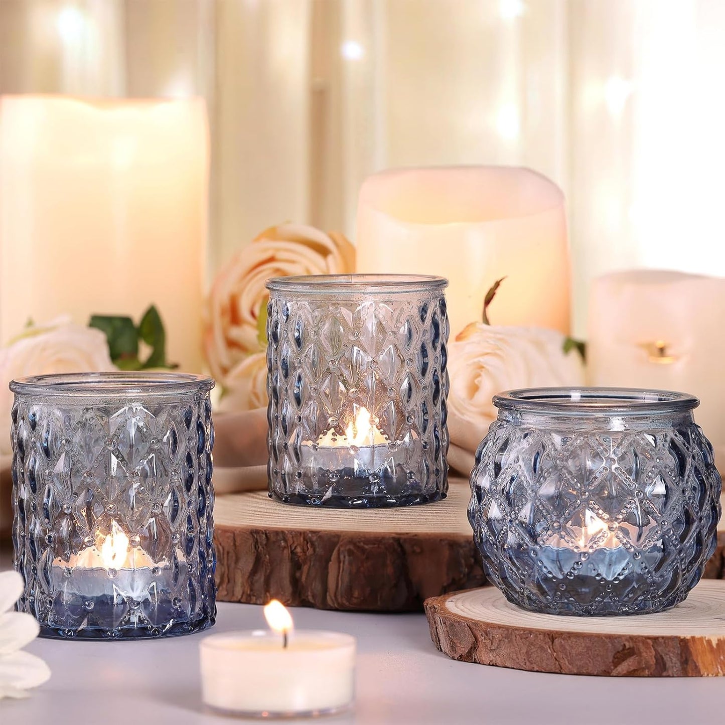 12pcs Assorted Blue Votive Candle Holders, Tea Lights Candle Holder for Wedding Decor, Blue Candle Holders for Table Centerpiece, Bridal Shower, Baby Shower Decorations