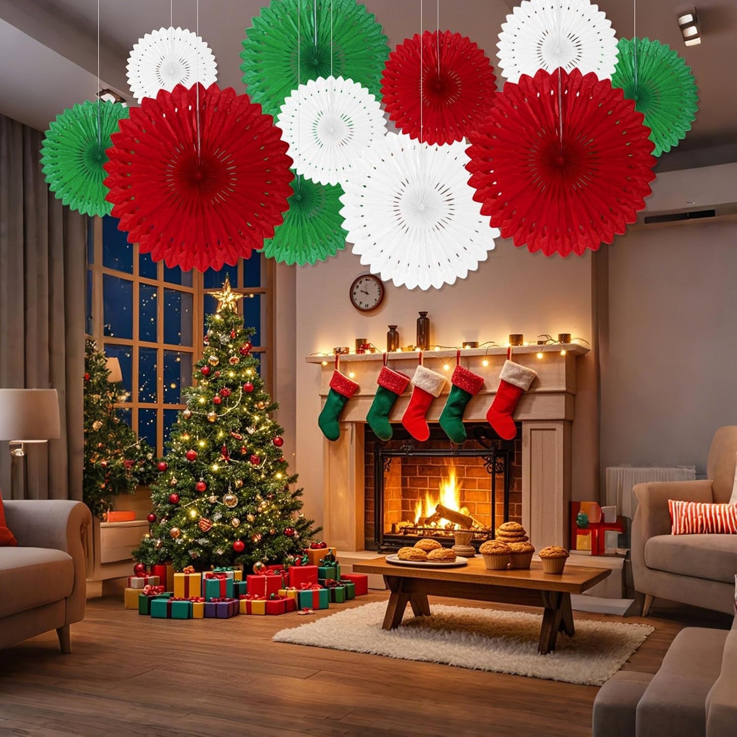 18 Pcs Christmas Hanging Paper Fan, Hanging Honeycomb Round Paper Fans for Weddings, Birthdays, Baby Showers, Classroom, Events Ceiling Party Supplies Decorations