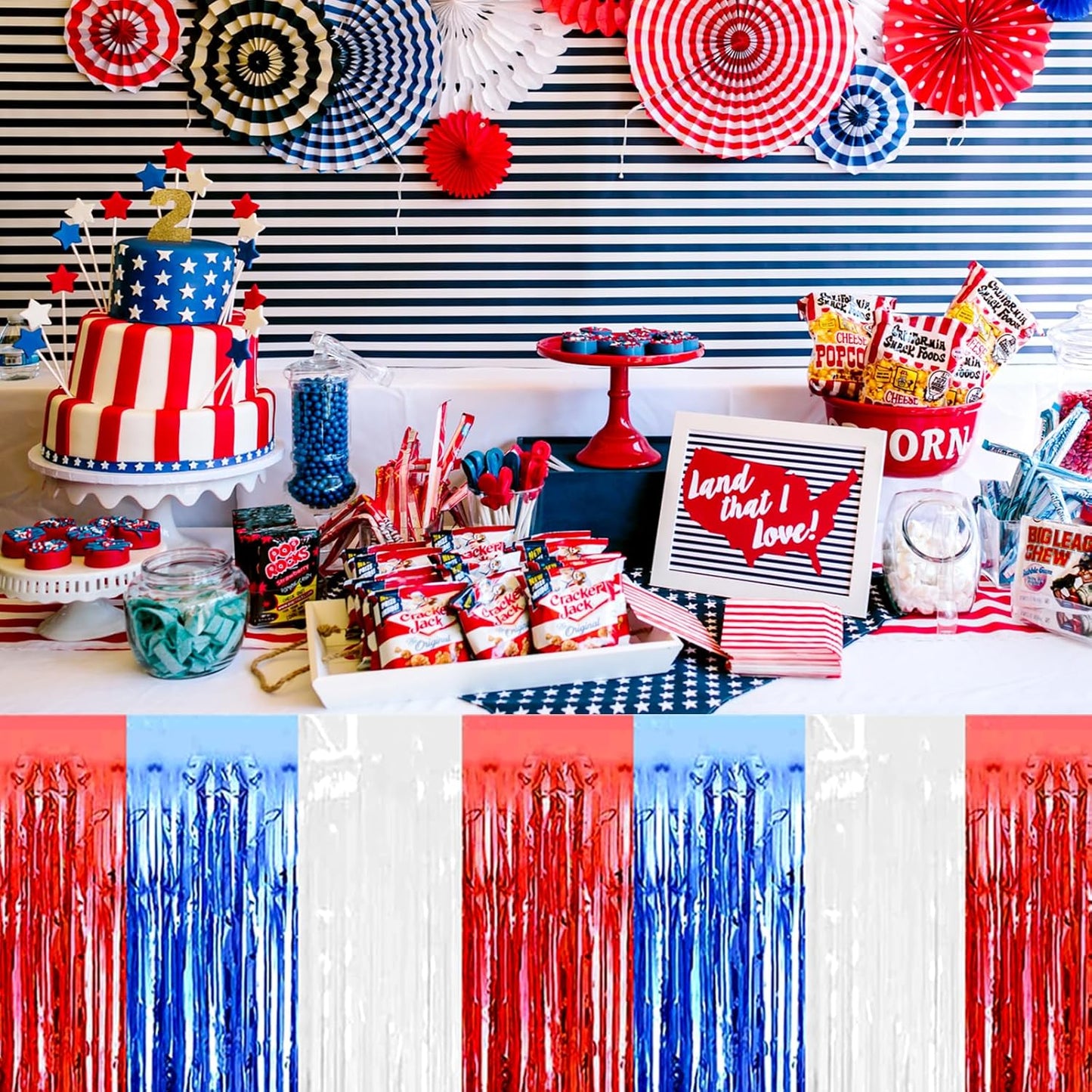 3 Pack 29 x108 Inch White Blue Red Foil Fringe Table Skirts Metallic Banner for Tinsel Streamer Garland Backdrop for Parade Floats Wedding Thanksgiving Birthday Christmas New Year Party Decoration