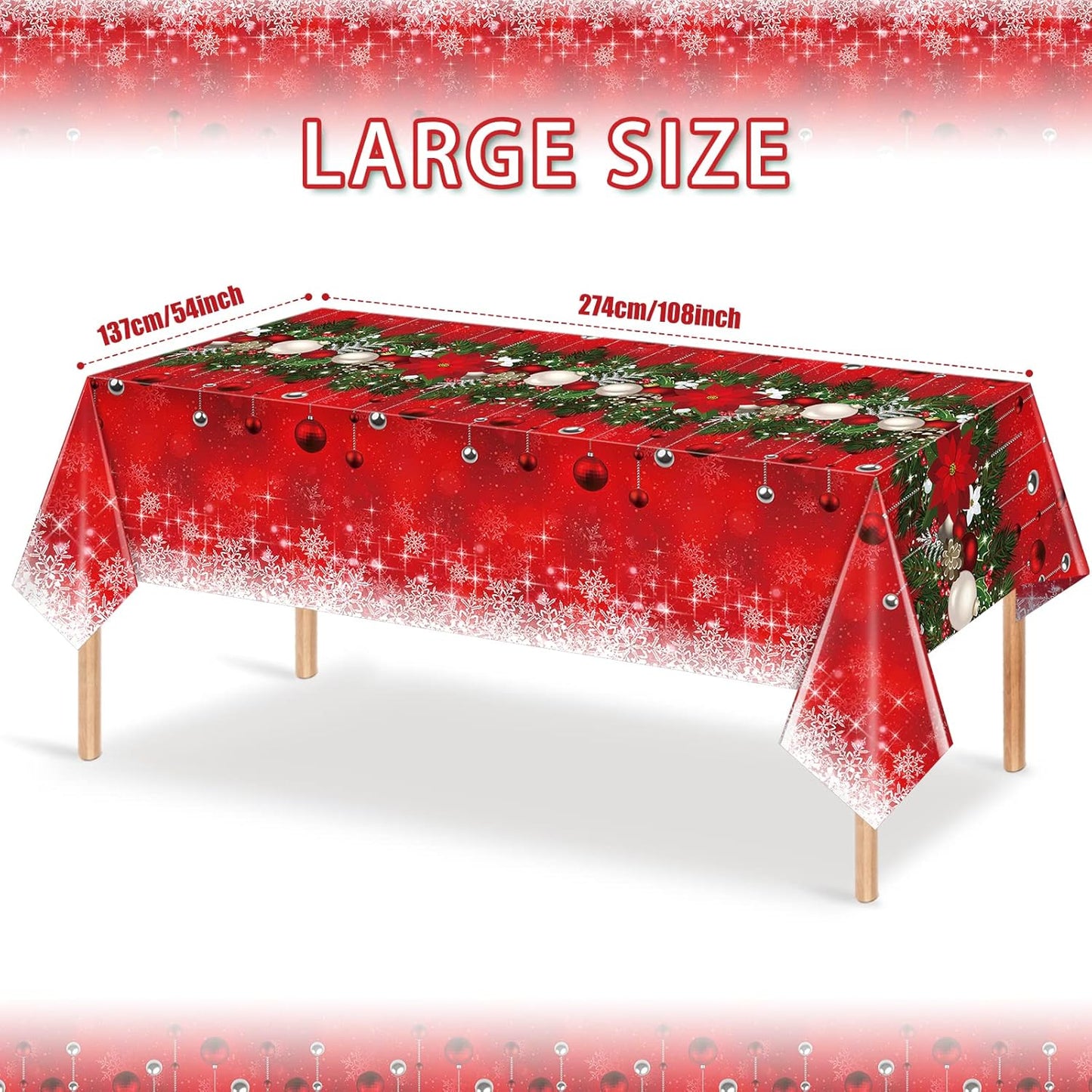 1Pieces Merry Christmas Tablecloth Plastic Christmas Tree Ball Table Cover Rectangle Winter Snowflake Tablecloth for Merry Christmas Holiday New Year Eve Party Decorations Supplies,54x108inch