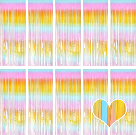 10 Pack Easter Foil Fringe Curtains 3.2ft x 8.2ft Rainbow Backdrop Curtains Photo Booth Background for Birthday Party Decoration Easter Decoration (Colorful)