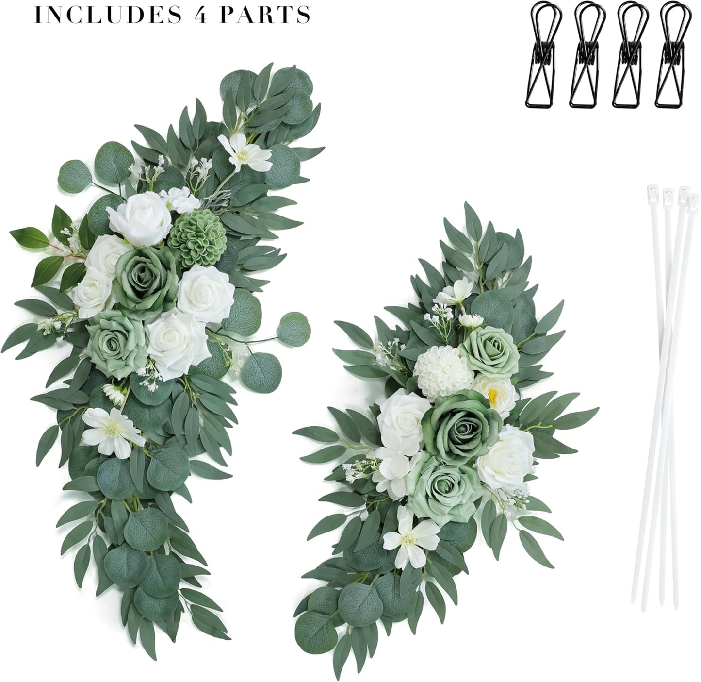 Artificial Sage Green Wedding Arch Flowers Swags Set of 2 for Welcome Signs, Reception and Ceremony Decorations - White Floral Decor
