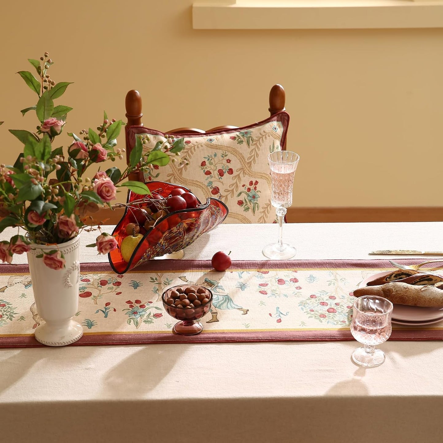 patdrea Designer Idyll Linen Table Runner, Vintage Beige Farmhouse with Ancient Spring Figure and Fruit Trees Pattern Table Mat, Decoration for Kitchen Dining Banquet Christmas ,12"*71"