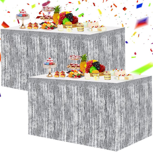 BEISHIDA 2 Pack Silver Table Skirts Party Decorations Metallic Tinsel Foil Fringe Table Skirts Table Decors for Rectangle and Round Table Birthday Holiday Party Cartoon Party