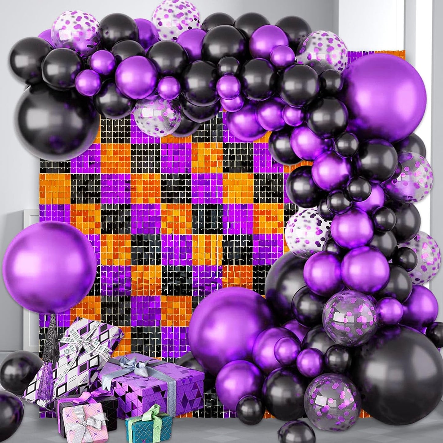 12PCS Black Orange Purple Shimmer Wall Backdrop, Laser Square Sequin Photo Backdrops Panel, Glitter Wall Background for Birthdays, Weddings, Halloween Party Decor (3FTx4FT)