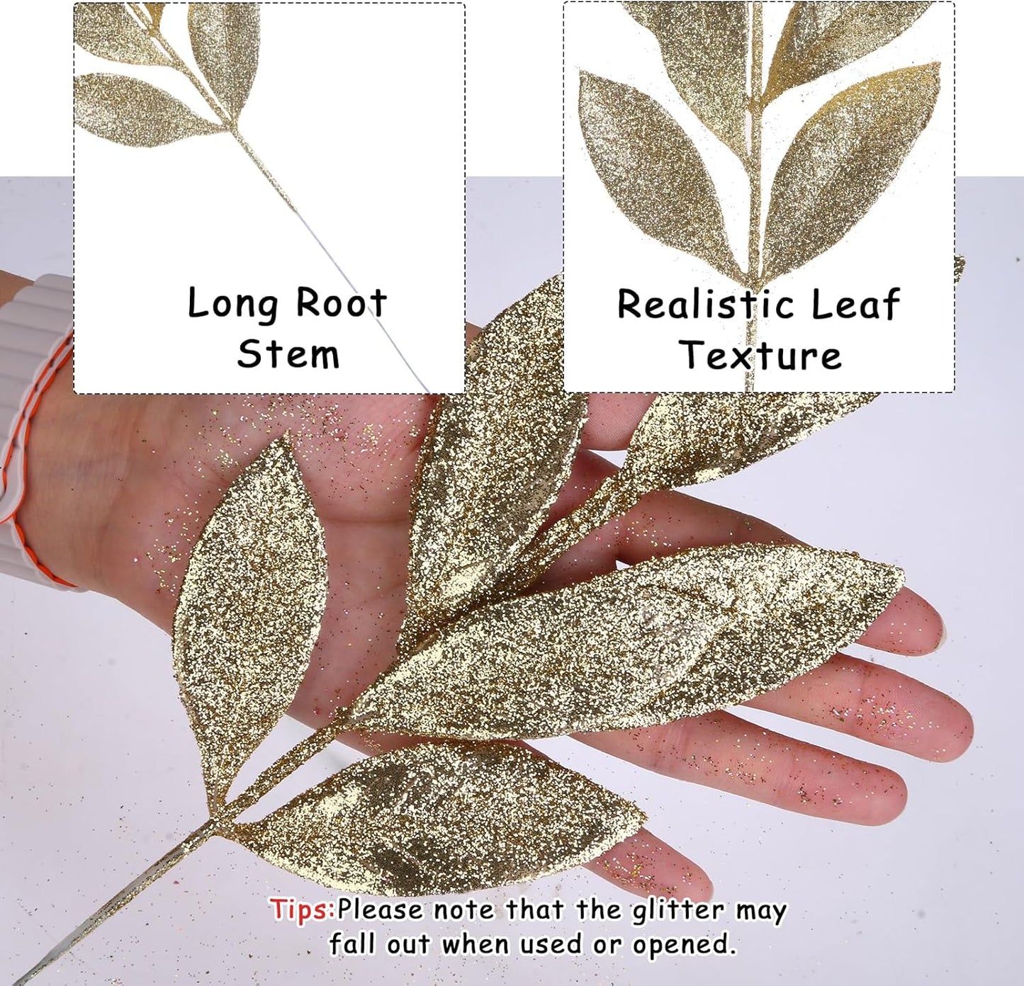 GREENTIME 12 Pack Artificial Light Golden Glitter Leaves 13" Fake Christmas Picks Decorative Glitter Sticks for Vase Christmas Tree DIY Wreath Crafts Fireplace Decor