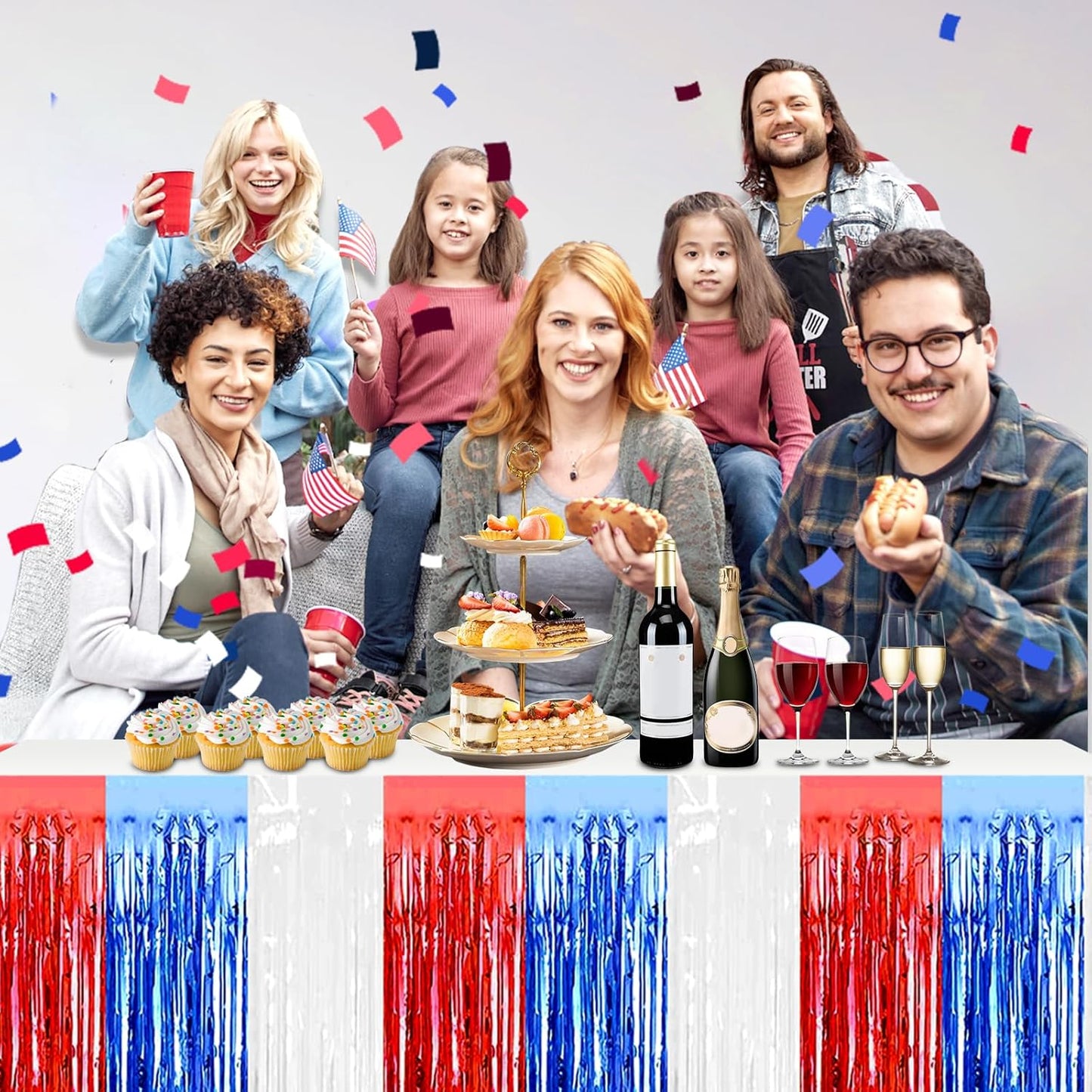 3 Pack 29x108 Inch White Blue Red Foil Fringe Table Skirts Metallic Banner for Tinsel Streamer Garland Backdrop for Parade Floats Wedding Thanksgiving Birthday Christmas Halloween Party Decoration