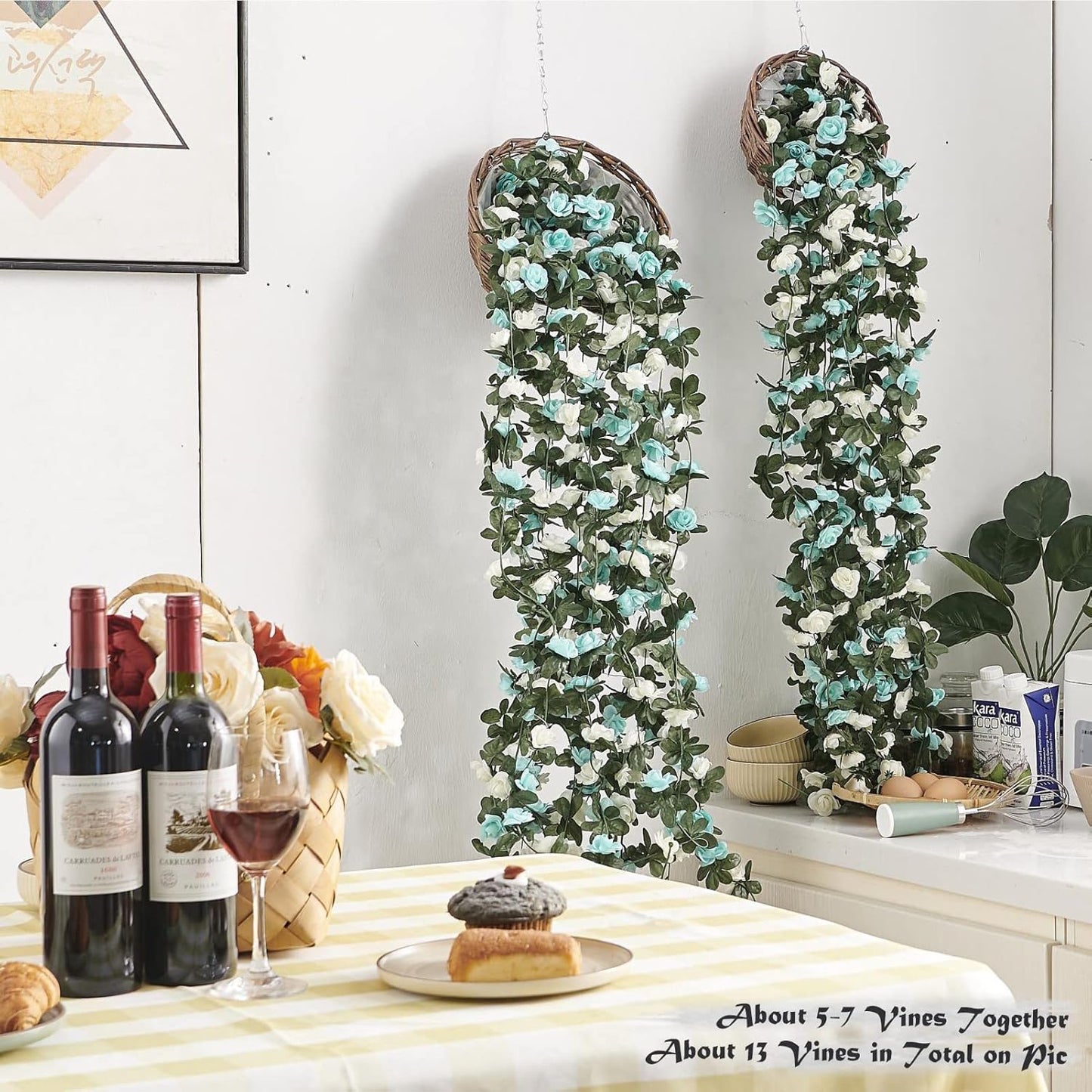 8 Pcs x 8.2 ft Flower Garland Artificial Rose Vine Flowers with Green Leaves Hanging Fake Roses Vine for Room Party Home Wedding Birthday Christmas Wall Arch Decor, White Blue Flower