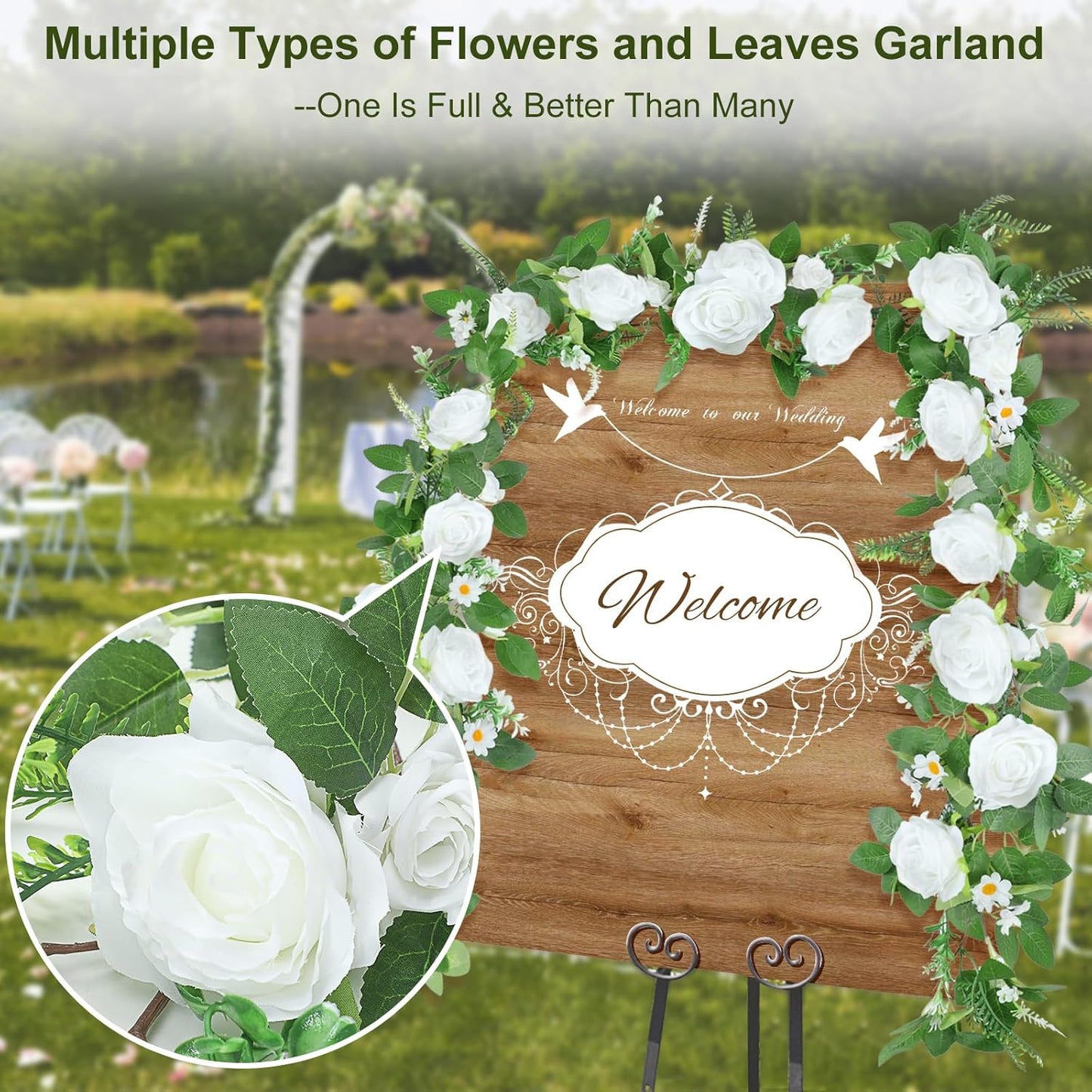 Naidiler Full Pretty White Rose Garland, 6.2FT Artificial Floral Vines Spring White Flower Garland for Wedding Arch Table Centerpiece Decor Home Backdrop Wall Valentines Decoration