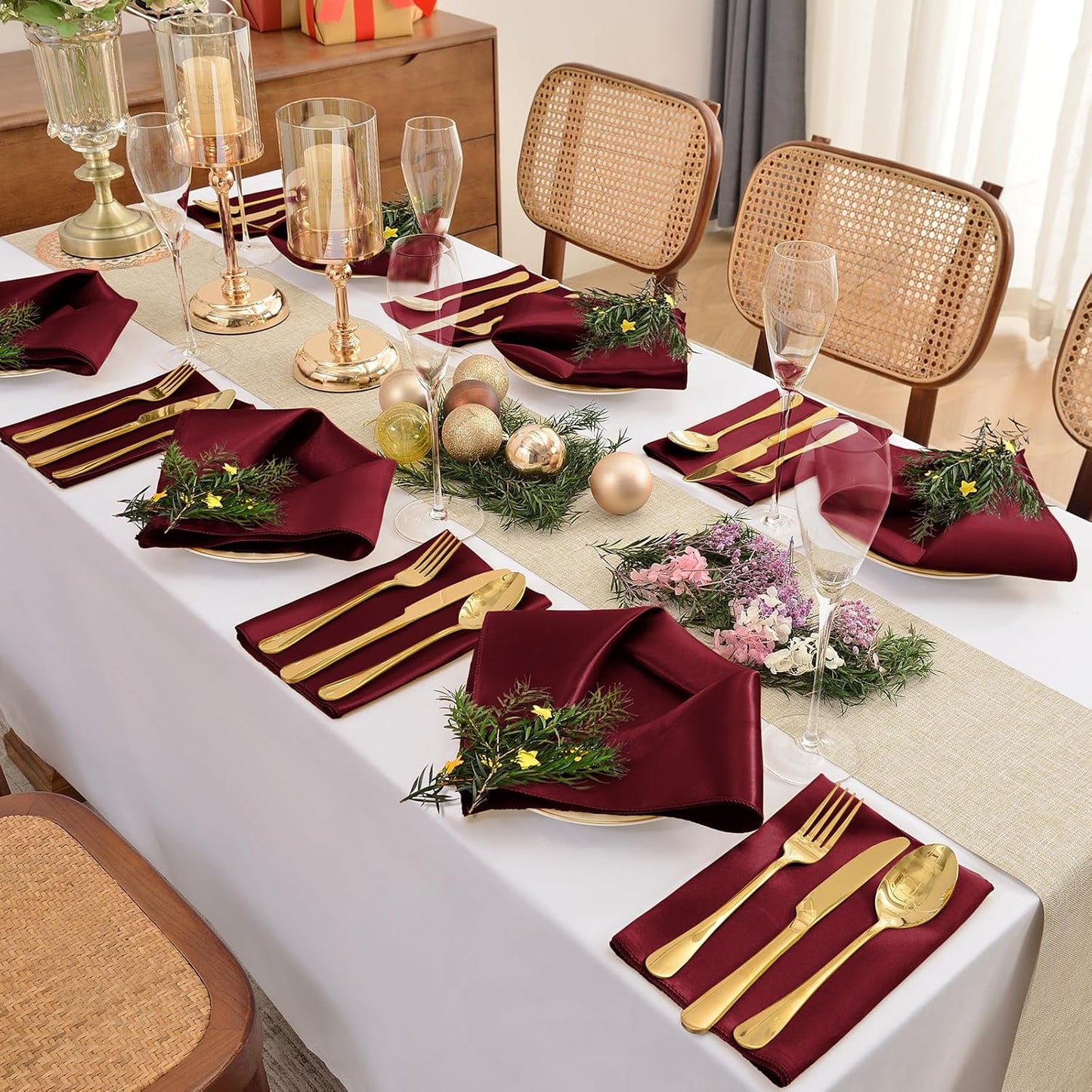 12 Pieces Burgundy Satin Napkins, 17" x 17" Square Table Napkins, Silky Soft Smooth Washable Napkins for Restaurant, Weddings, Dinner, Party Decoration