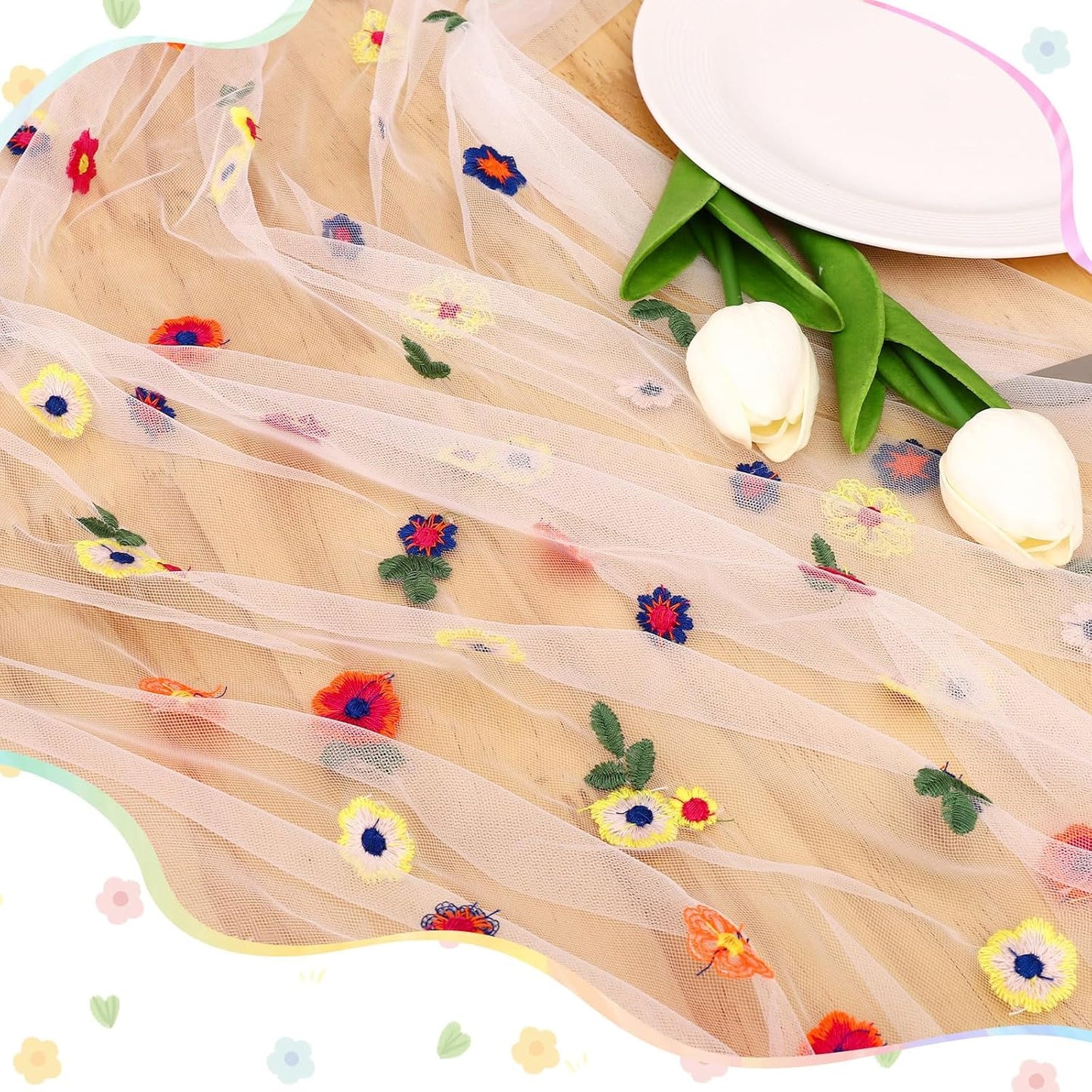 BINBE 3pcs Ivory Daisy Fall Table Runner Embroidery Gauze 10FT Florals Seasonal Tulle Holiday Birthday Kitchen Dining Table Decor for Home Party