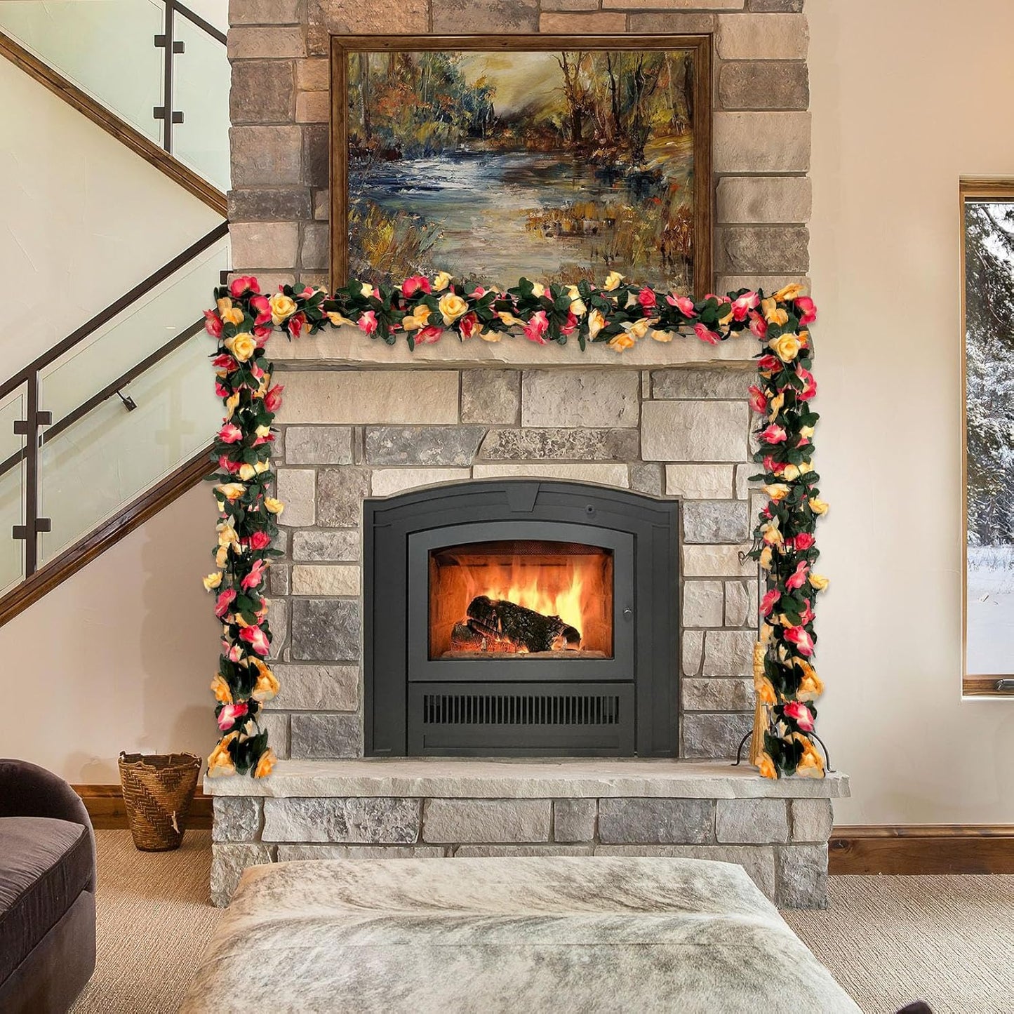 8Pcs 63Ft Pink&Yellow Rose Garland, Fake Rose Hanging Flowers, Artificial Flower Vine, Hanging Floral Vine Garland for Wedding, Birthday Party, Wall Arch, Halloween, Christmas Garden Backdrop Decor