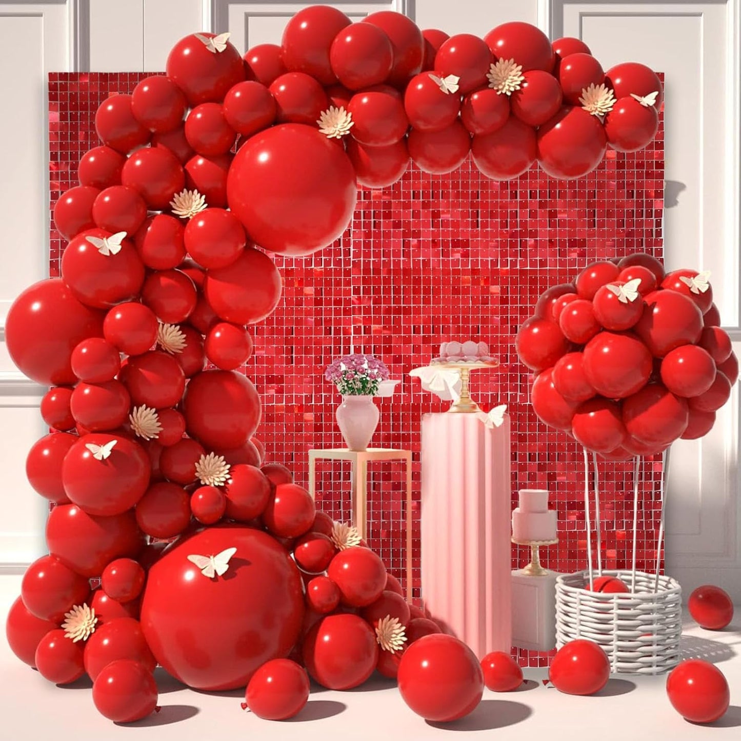 12PCS Red Shimmer Wall Backdrop, Square Sequin Photo Backdrops Panel, Glitter Wall Background for Birthdays, Weddings, Christmas, Baby Showers, Disco Bachelorette Party Decoration (3FTx4FT)