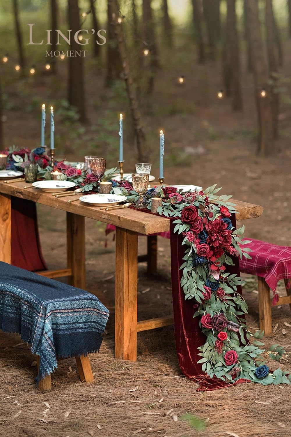 Ling's Moment Flower Garland - 6FT Eucalyptus & Rose - Sweetheart Table Decor for Wedding Reception, Artificial Floral Garland for Mantle, Thanksgiving, Christmas Decoration, Burgundy & Navy