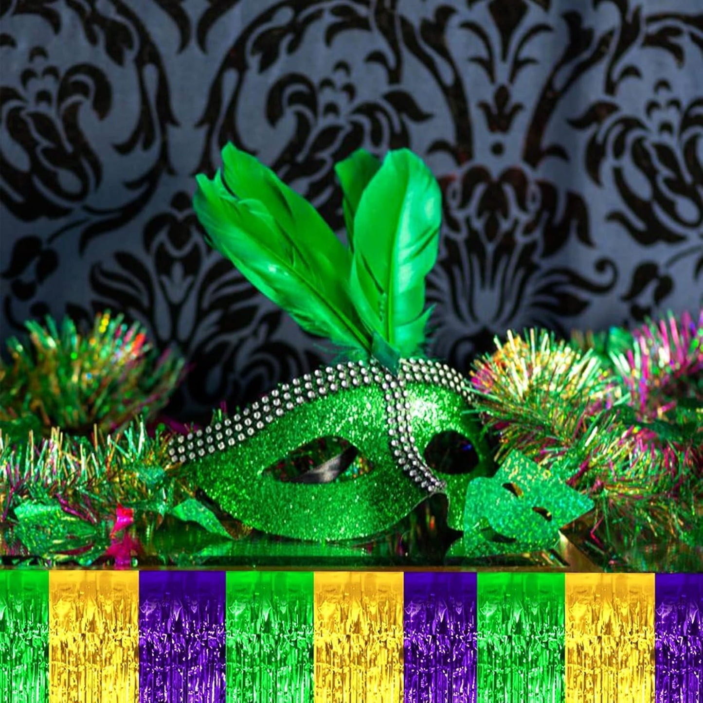 4 Pack 29x108 Inch Mardi Gras Metallic Foil Fringe Tinsel Table Skirts for Rectangle Tables Streamer for Christmas, Birthday, Parade Floats, Halloween Party Supplies(Gold Green Purple)