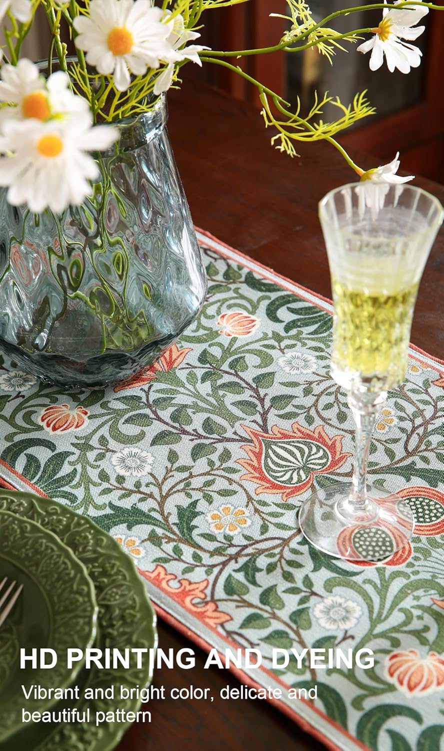 ISAENNE Designer French Green Elegant Linen Table Runner 102 Inches Long,Colorful Flower Pattern Soft Table Runners for Dining Tables,Thanksgiving,Kitchen Tables,Christmas,12"*102"-Naples B