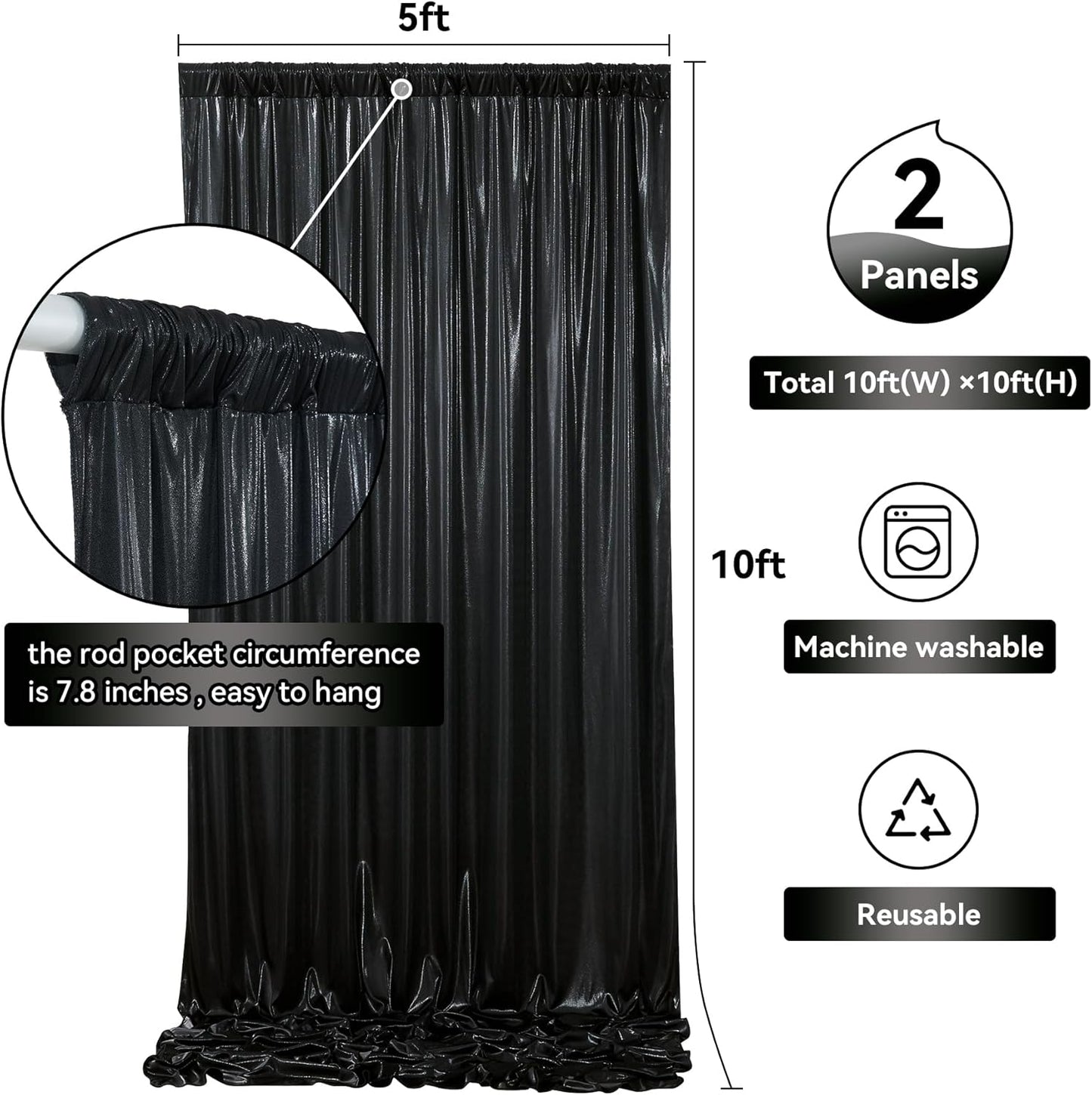 10x10 ft Black Sequin Backdrop Curtain Panels for Parties, Wrinkle Free Glitter Photo Backdrop Drapes 2 Panels 5x10FT Back Drop Cloth Shiny Fabric for Wedding Birthday Christmas Photography Background