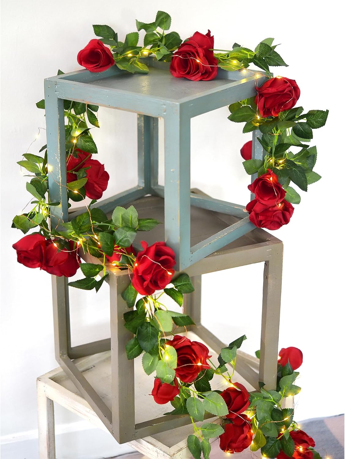 FiveSeasonStuff 29 Ft 4 Pack Christmas Red Rose Silk Flower Garland Artificial Flowers Decoration Hanging Floral with 66 feet String Lights