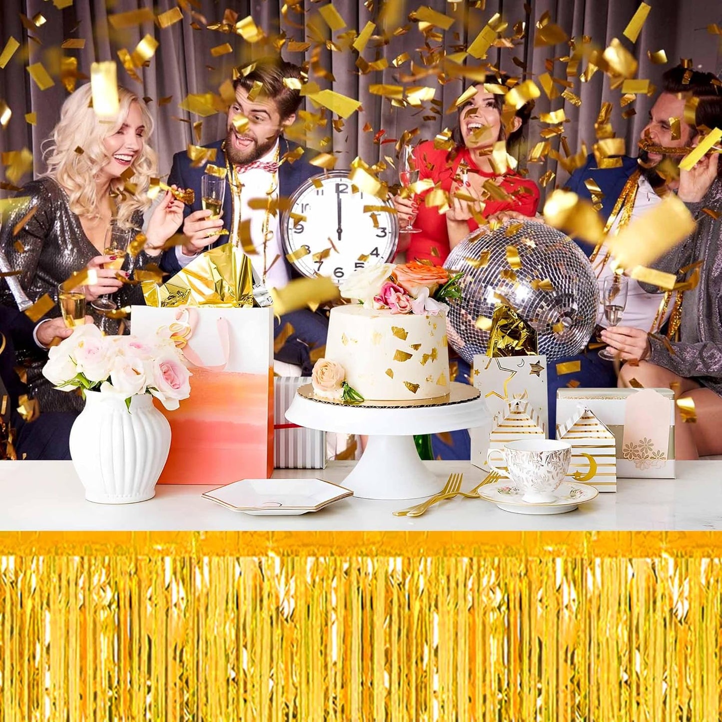 3 Pack 29 x108 Inch Gold Foil Fringe Table Skirts Metallic Banner for Tinsel Streamer Garland Backdrop for Parade Floats Mother's Day, Graduate, Birthday, Wedding Party Decoration