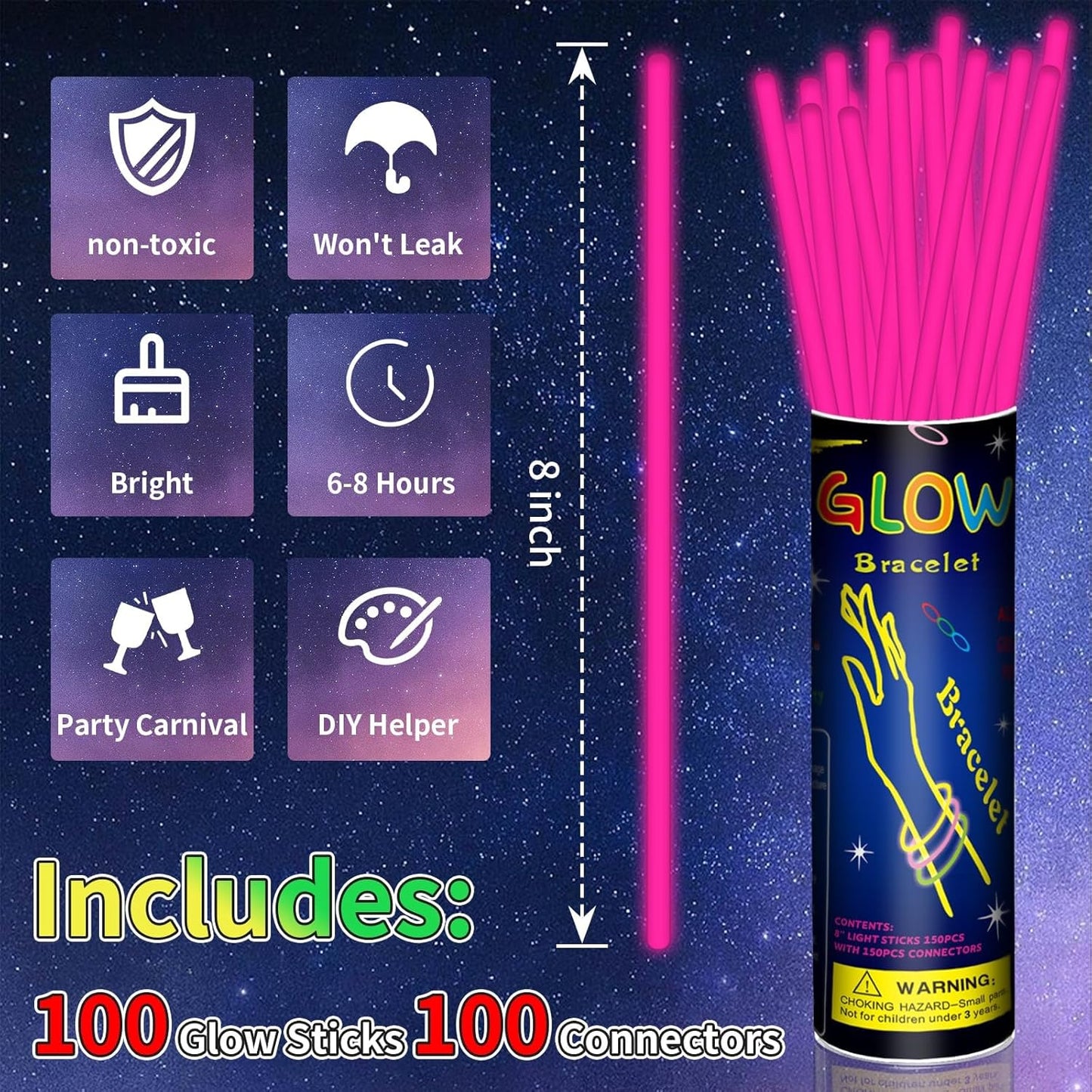 100 Pack 8” Pink Glow Sticks Bulk with 100 Connectors Neon Glow In The Dark Party favors Supplies for Holiday Birthday Party Decoration (Pink)