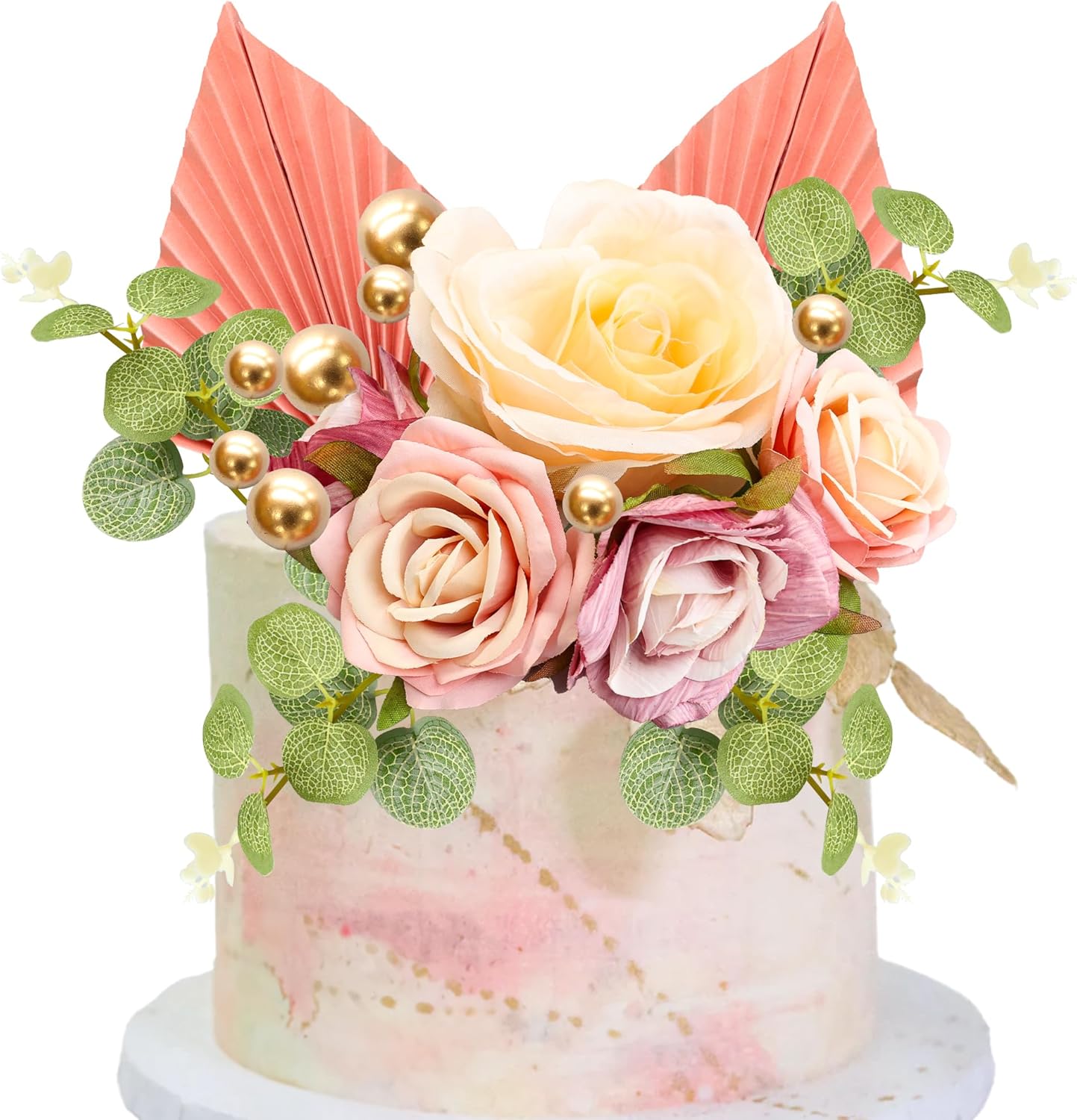 Gyufise 22Pcs Rose Artificial Flower Leaves Cake Topper Decorations Gold Balloon Cake Toppers Leaf Paper Palm Fan Cake Picks for DIY Wedding Birthday Valentine's Day Party Decorations Supplies Pink