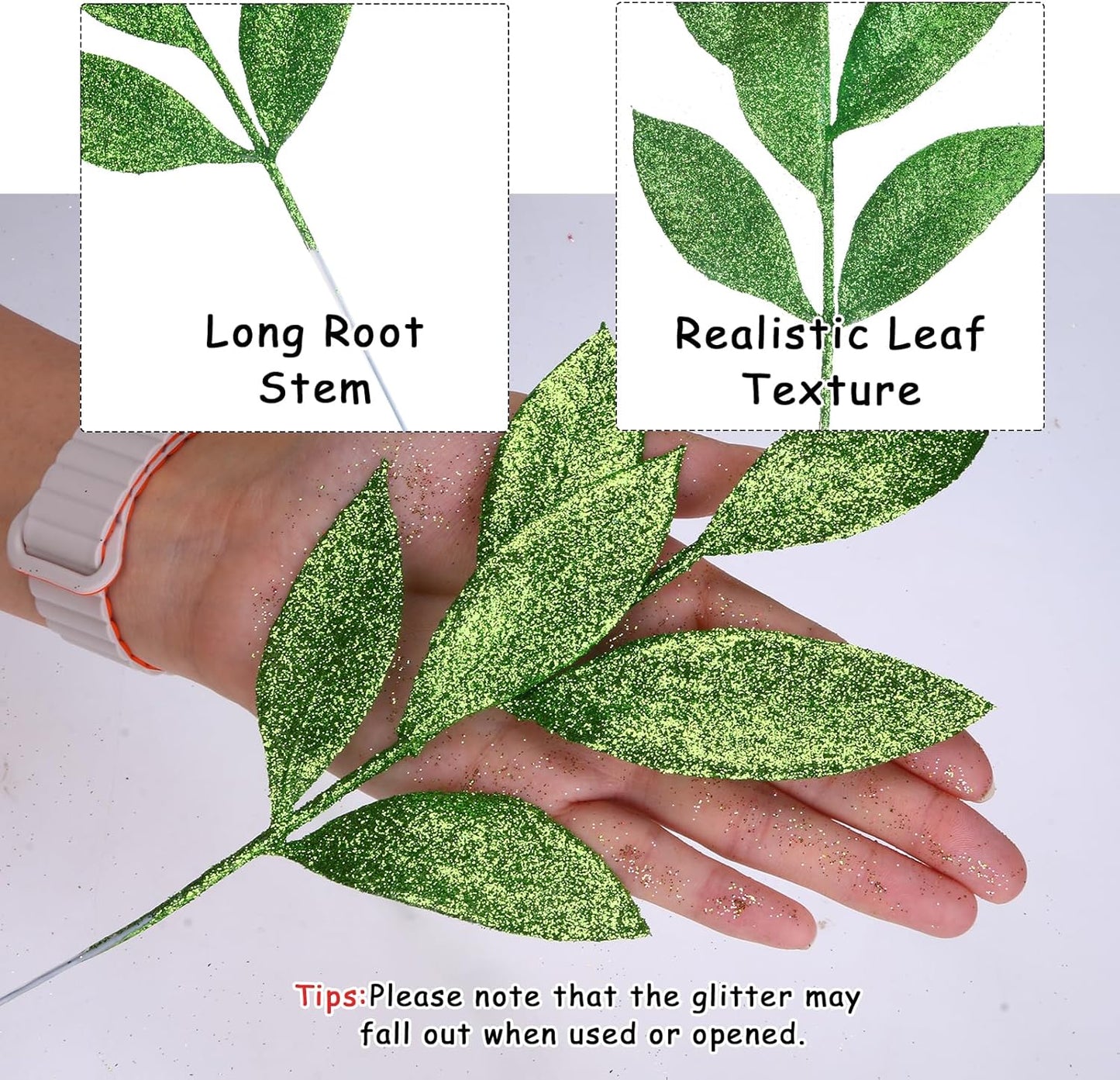 GREENTIME 12 Pack Artificial Green Glitter Leaves 13" Fake Christmas Picks Decorative Glitter Sticks for Vase Christmas Tree DIY Wreath Crafts Fireplace Decor