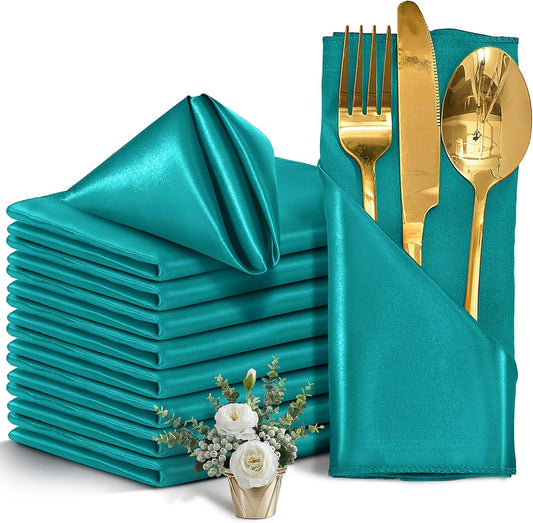12 Pieces Teal Satin Napkins, 17" x 17" Square Table Napkins, Silky Soft Smooth Washable Napkins for Restaurant, Weddings, Dinner, Party Decoration