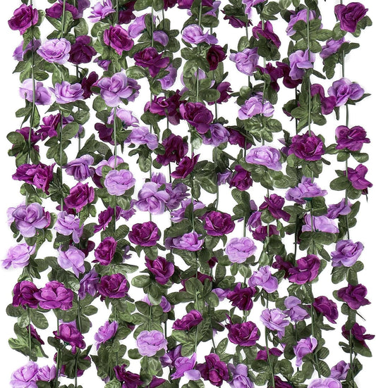 KHOYIME 18 Pack 144 FT Artificial Flower Garland, Fake Purple Roses Vines Silk Flowers Faux Plastic Outdoor Hanging Floral Ivy Garland Decoration for Wedding Arch Bedroom Home Wall Backdrop Room Decor