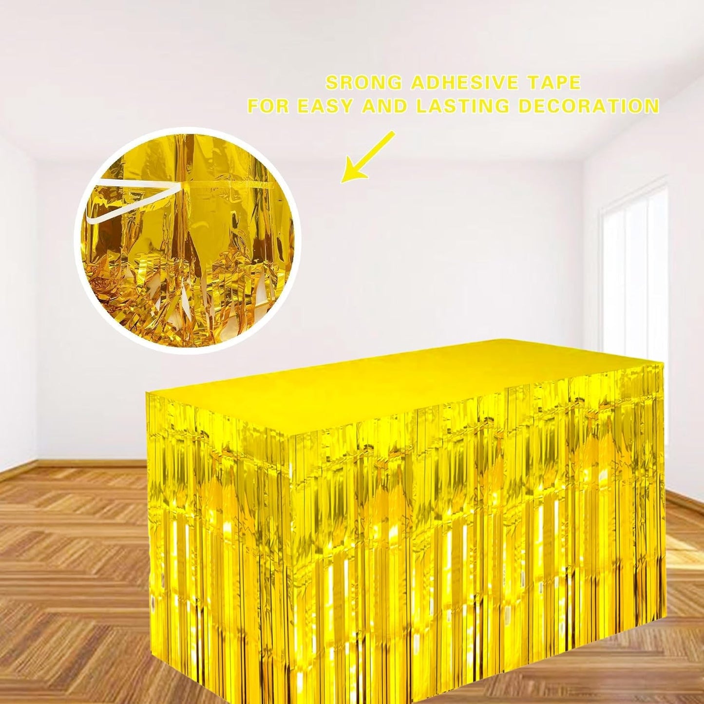 Gold Streamers Party Decorations, 2 Packs Gold Table Skirts Metallic Foil Fringe Tinsel for Birthday Float Parade Mardi Gras Graduation Party Supplies -29x108Inch