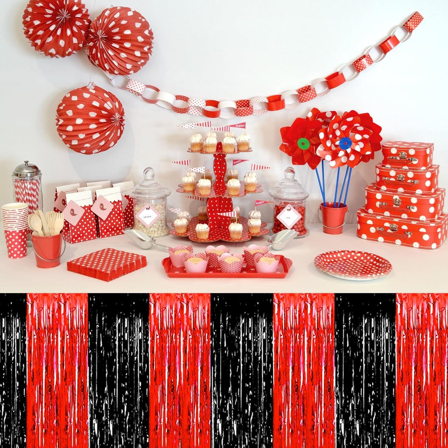 3 Pack 29 x108 Inch Black Red Foil Fringe Table Skirts Metallic Banner for Tinsel Streamer Garland Backdrop for Parade Floats Wedding Thanksgiving Birthday Christmas New Year Party Decoration