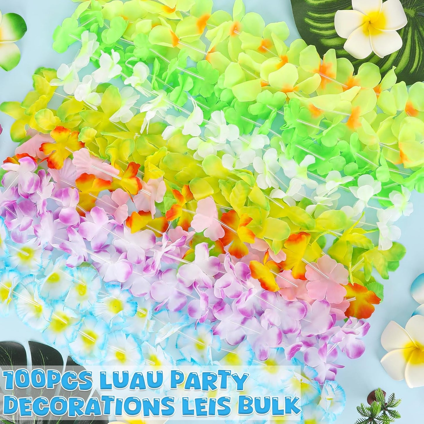 100PCS Hawaiian Leis, Colorful Luau Leis Party Decorations, Hawaiian Tropical Theme Silk Flower Leis, Hawaii Flower Lays Garland for Birthday Summer Pool Party Favors Supplies Accessories