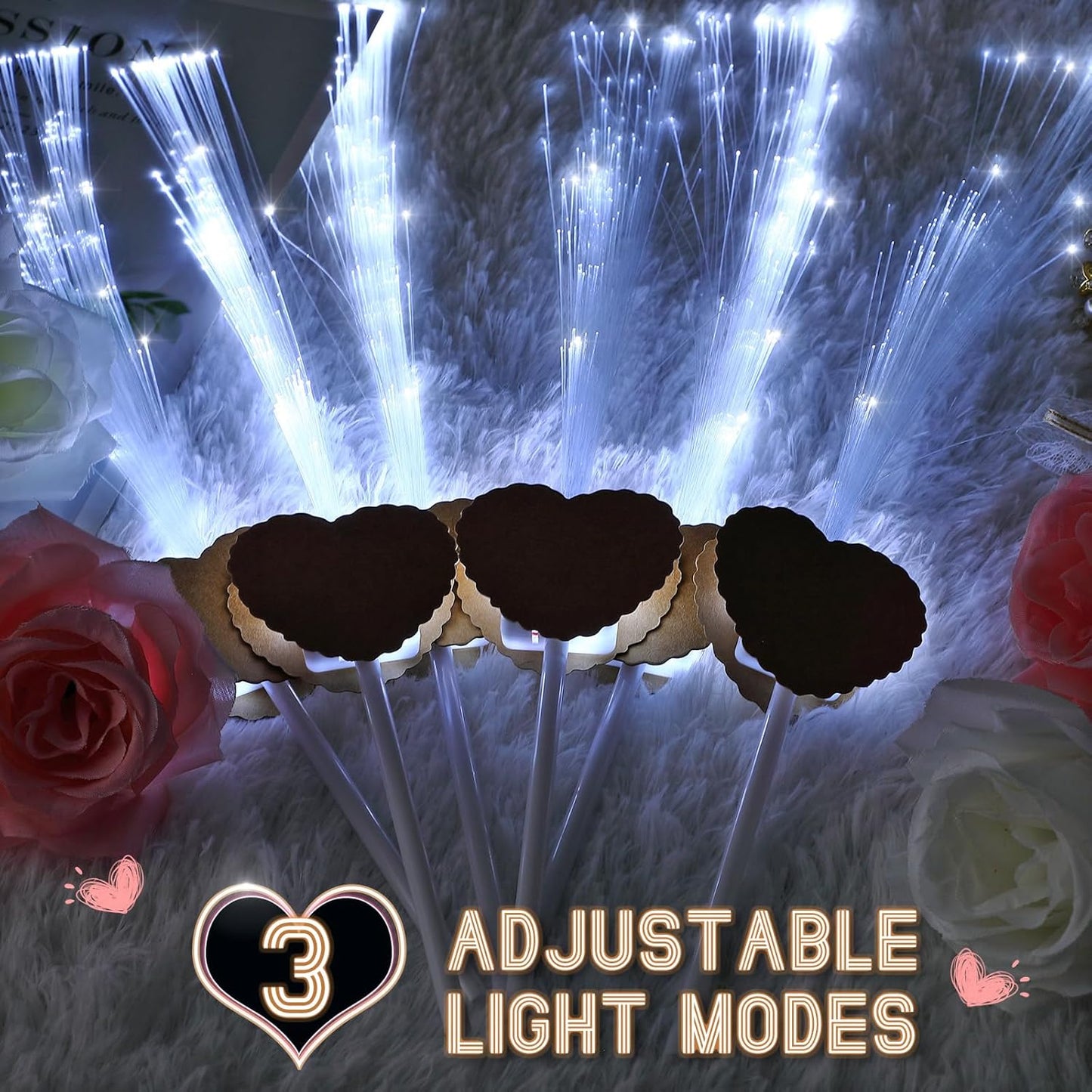 100 Pcs Wedding Sparklers Heart Shaped LED Glow Sticks Fiber Optic Wands Light up Wand with 3 Light Mode for Wedding Bridal Shower Birthday Glow in the Dark Party Supplies (Brown)