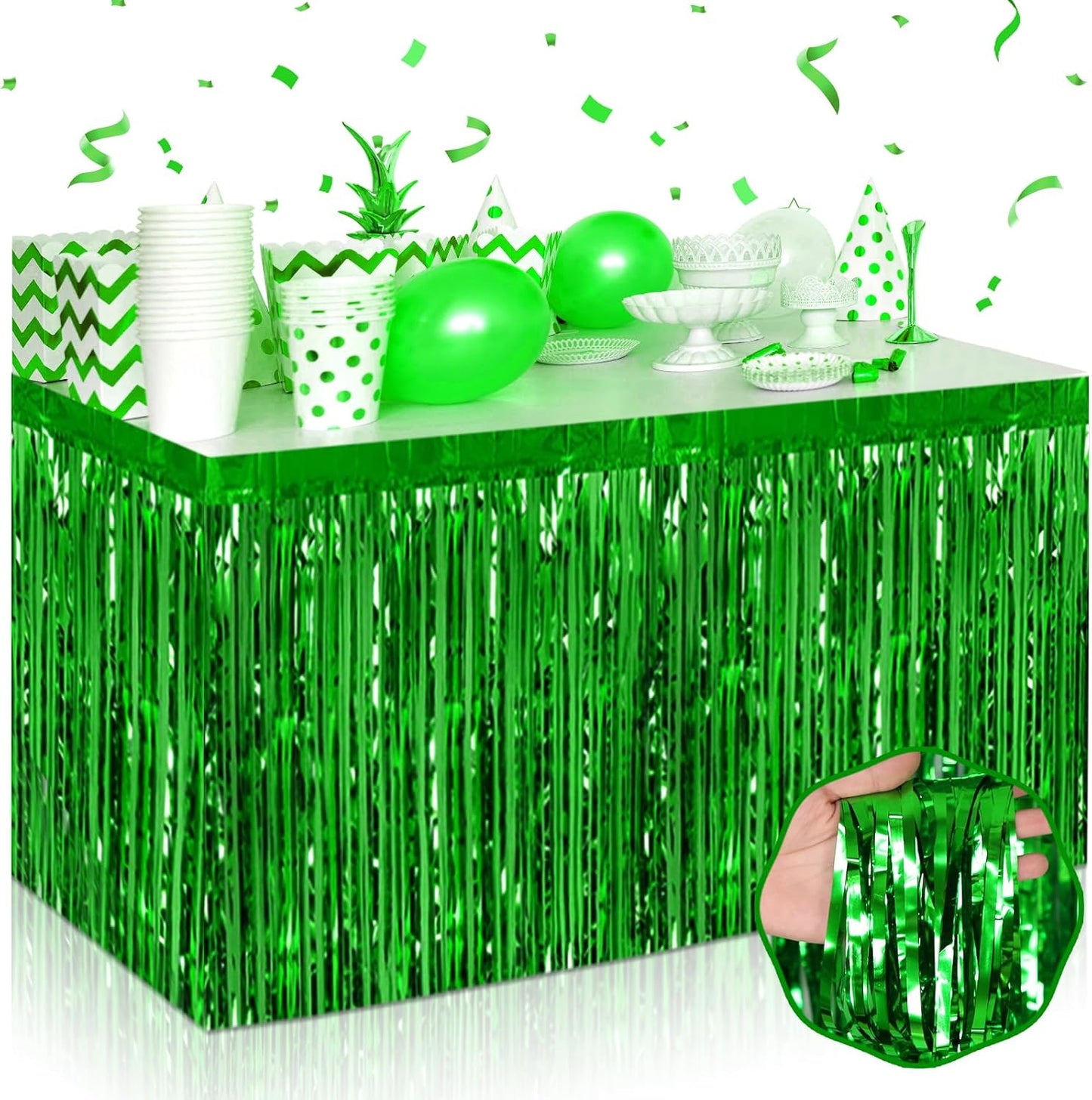 3 Pack 29 x108 Inch Green Foil Fringe Table Skirts Metallic Banner for Tinsel Streamer Garland Backdrop for Parade Floats Wedding Thanksgiving Birthday Christmas Halloween New Year Party Decoration