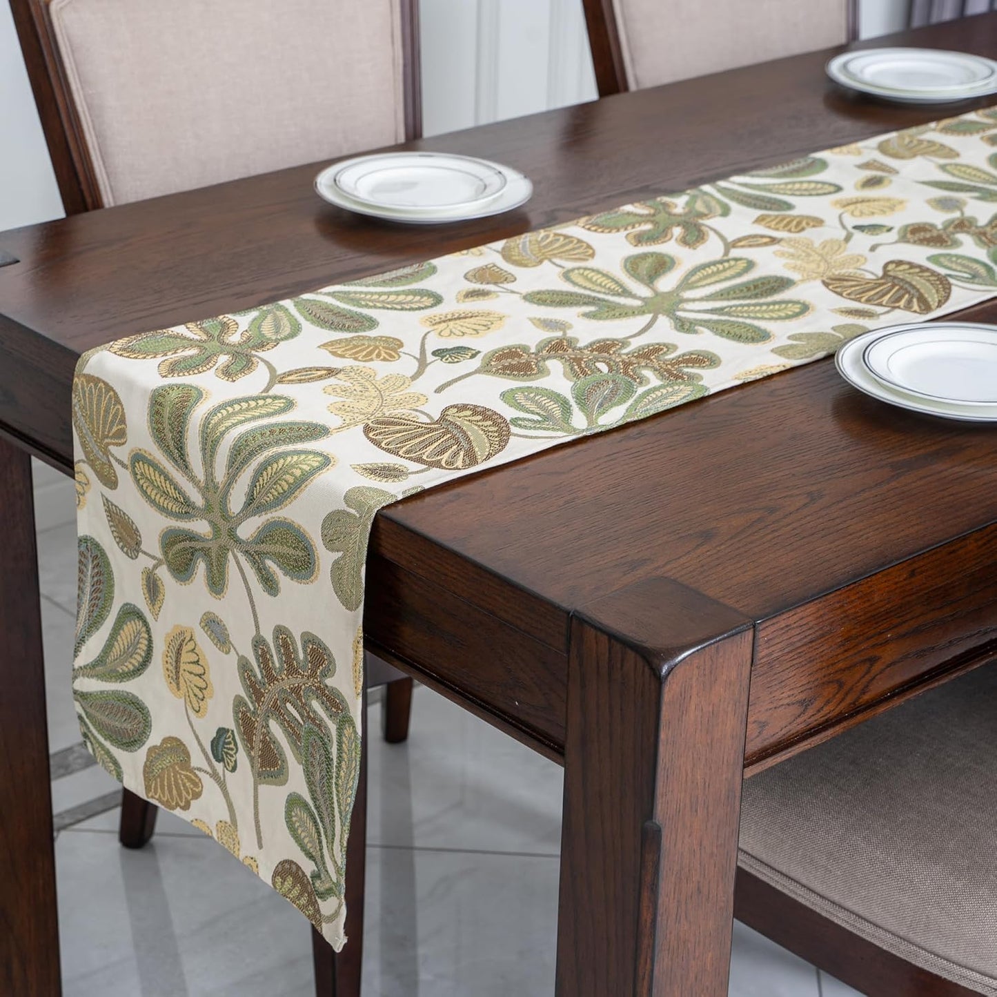 Mika Home Tropical Leaf Table Runner for Home Decor 13X90 Inches Green Brown Seasonal Dining Table Decoration for Home