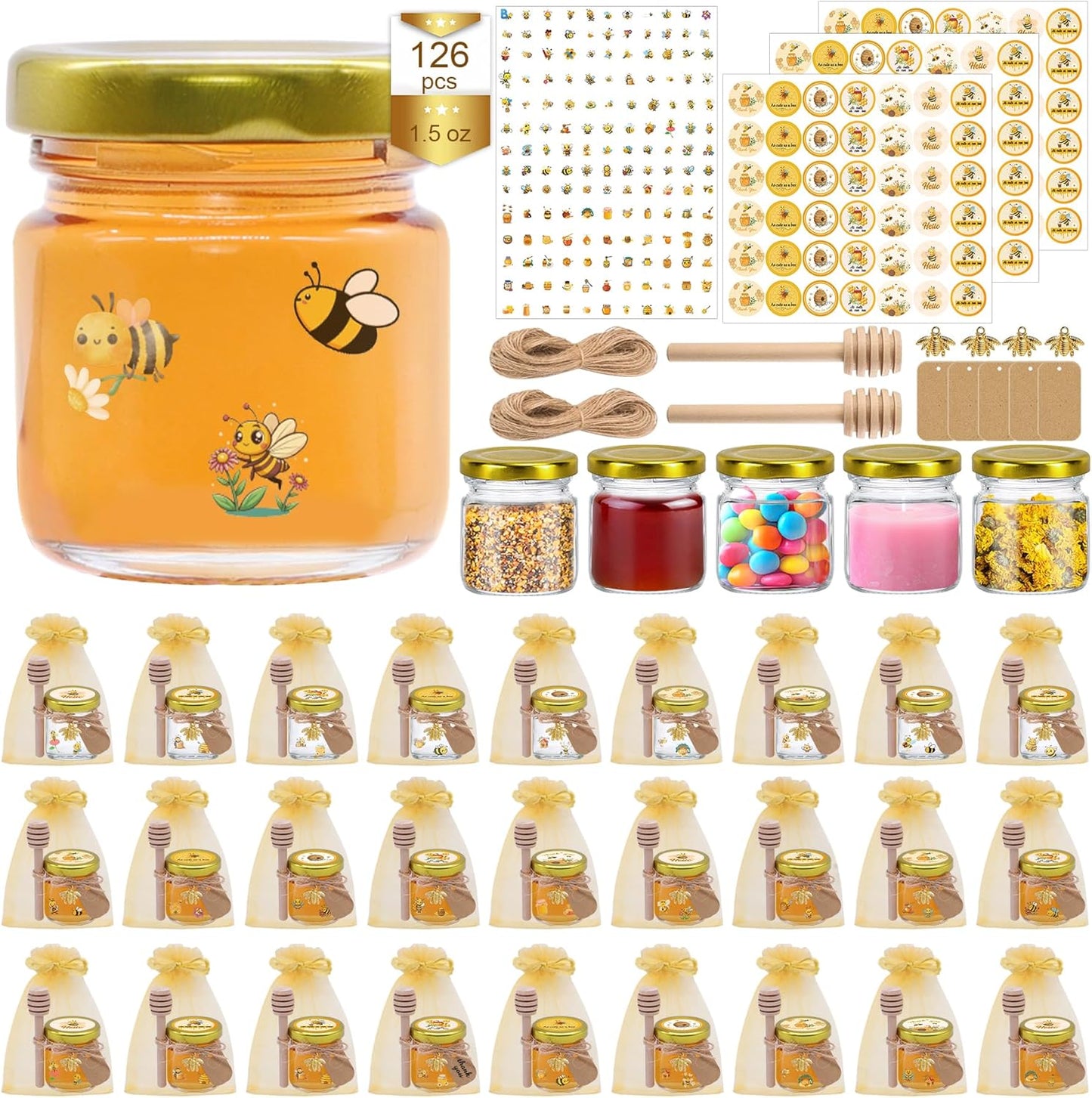 126 Pcs 1.5 oz Mini Round Glass Honey Jars with Dippers, Gold Lids, Bee Stickers, Bee Charms, Gift Bags & Jute– Empty Small Honey Jars for Party Favors Bulk, Ideal for Baby Showers ＆ Weddings
