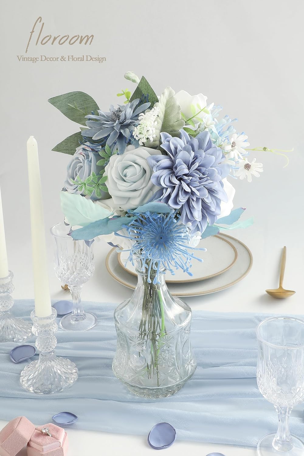 Floroom Dusty Blue Powder Blue Artificial Flowers Fake Roses Dahlias and Greenery Combo Box Set for DIY Wedding Bouquets Bridal Shower Centerpieces Floral Arrangements Party Tables Home Decorations