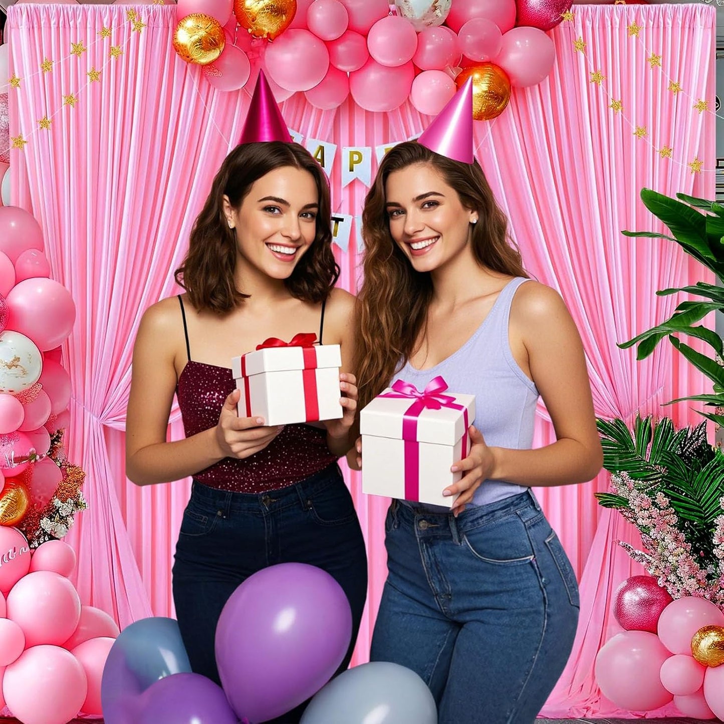 10ft x 10ft Pink Backdrop Curtains for Parties, Fabric Satin Background Curtain with Rod Pockets for Weddings, Birthday, Baby Shower, Photography, Graduation Party Backdrop Drapes, 2 Panels