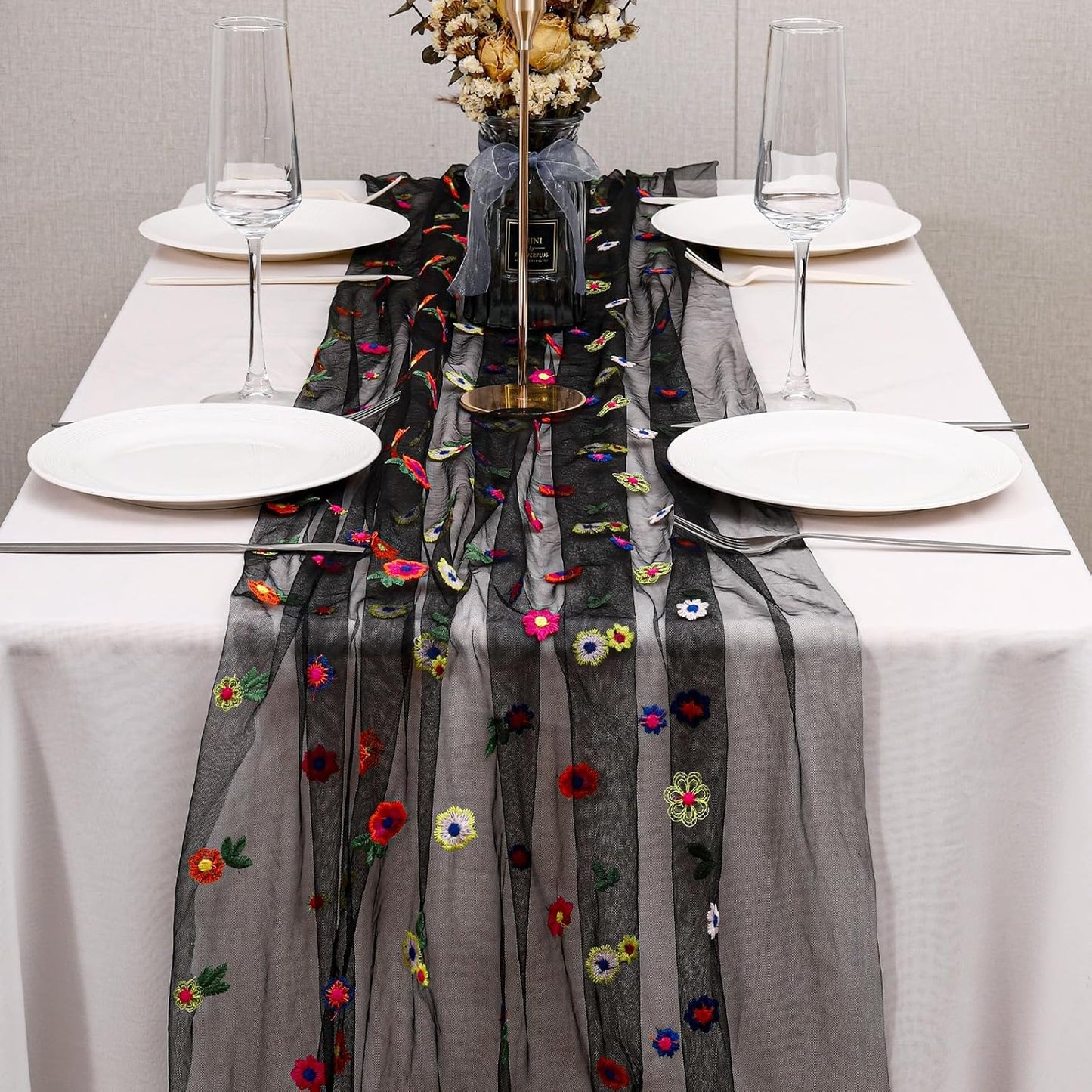 BINBE 3pcs Black Daisy Fall Table Runner Embroidery Gauze 10FT Florals Seasonal Tulle Holiday Birthday Kitchen Dining Table Decor for Home Party