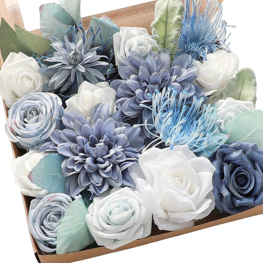 Floroom Dusty Blue Powder Blue Artificial Flowers Fake Roses Dahlias and Greenery Combo Box Set for DIY Wedding Bouquets Bridal Shower Centerpieces Floral Arrangements Party Tables Home Decorations