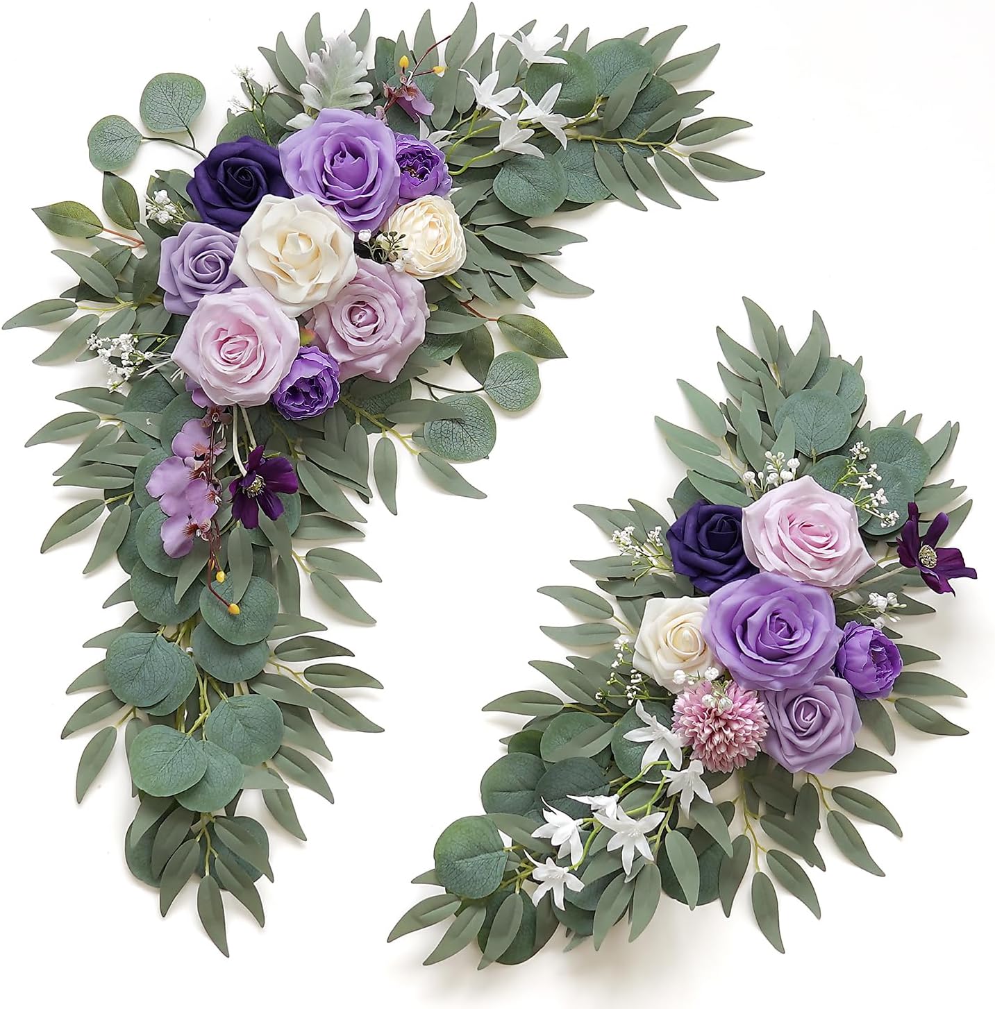Faux Flower Swag Set of 2 for Wedding Welcome Signs Floral Decorations, Purple Wedding Arch Flowers for Wedding Ceremony (Lilac & Purple & Cream)