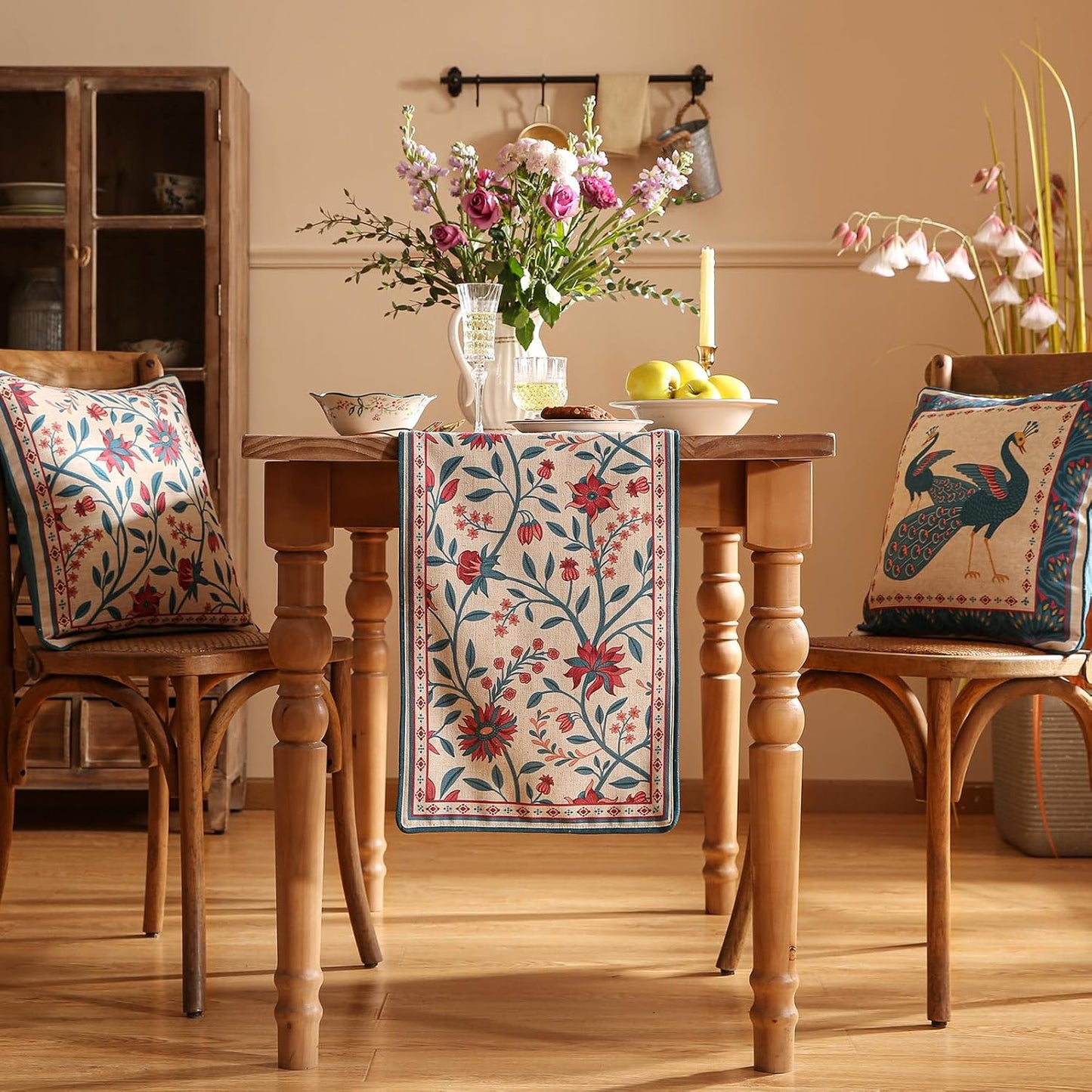 Farmhouse Berry Red Floral Table Runner for Coffee Table,Decorative Linen 87 Inches Long Table Runners,Decor Tabletop for Kitchen,Dining,Party,Home,Christmas,12"*87"