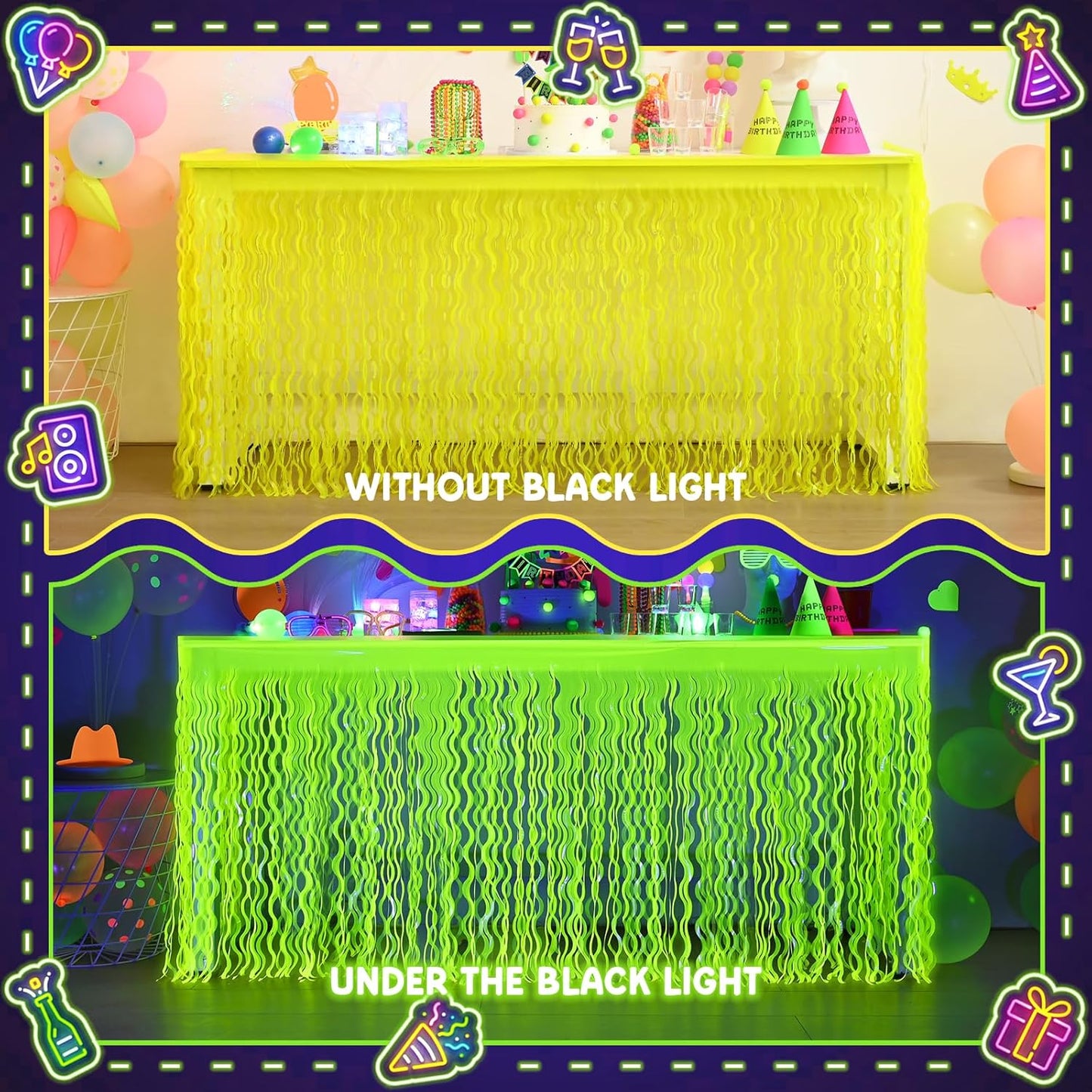 Mega-L Glow in The Dark Party Supplies, 2 Pack Neon Party Decorations Fluorescent Macaron Yellow Wavy Metallic Tinsel Foil Fringe Table Skirts, Perfect Table Decors for Glow Birthday Decor