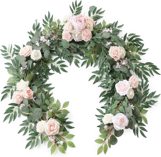 Floroom 6ft Artificial Eucalyptus Garland with Flowers Fake Greenery Faux Floral Vine Garland for Table Decor Wedding Centerpieces Bridal Shower Party Decorations, Blush & Cream