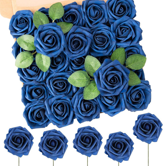 N&T NIETING Artificial Flowers Navy Blue Roses 50Pcs Fake Flowers Foam Roses with Stems for DIY Wedding Bridesmaid Bridal Bouquets Centerpieces Party Home Decoration Baby Shower