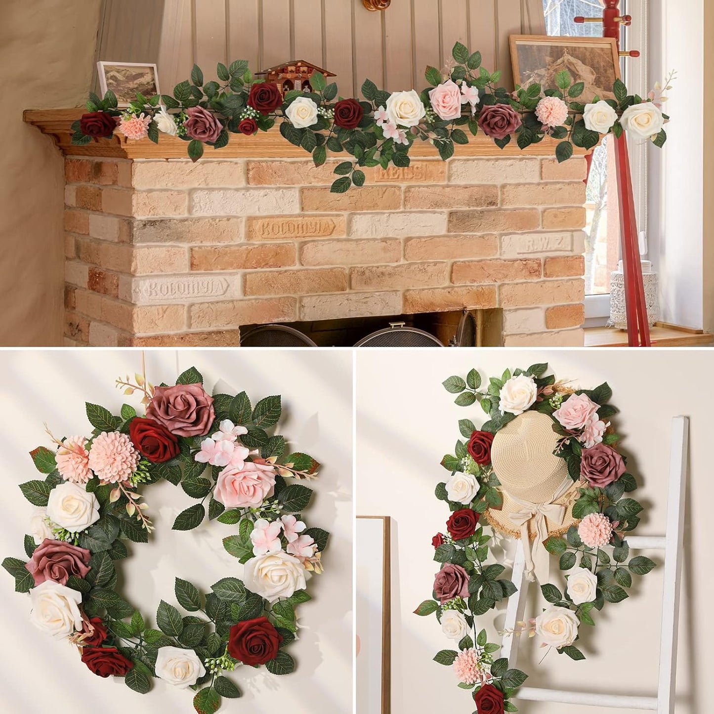 5FT Artificial Rose Flower Burgundy Fake Floral Garland for Wedding Ceremony Backdrop Arch Flowers Table Centerpieces Decorations