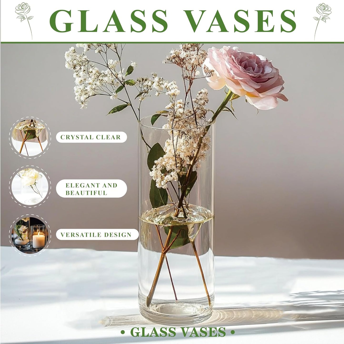 15pcs Clear Glass Vase for Centerpieces, 4,6,7.5,8,10 inch Tall Cylinder Flower Vase Bulk Floating Candle Holder for Wedding Table Home Décor and Party